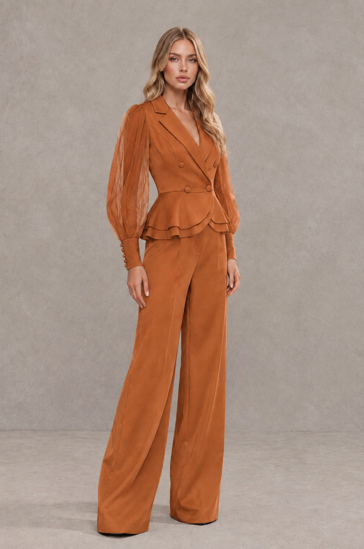 BOLODOO Mint Burnt Orange Peplum Blazer Wide-Leg Pantsuit with Sheer Puff Sleeves - Burnt Orange