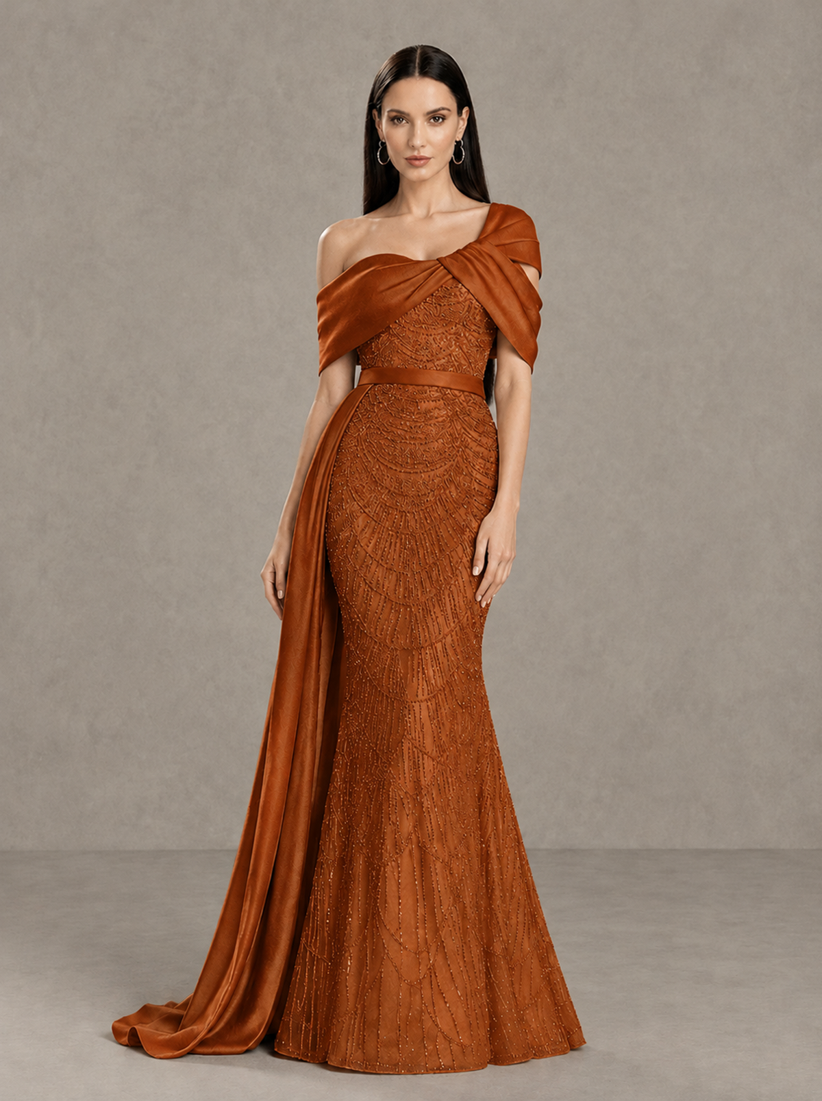 BOLODOO Burnt Orange Asymmetric Draped Mermaid Evening Gown with Train - Burnt Orange - Burnt Orange (3)