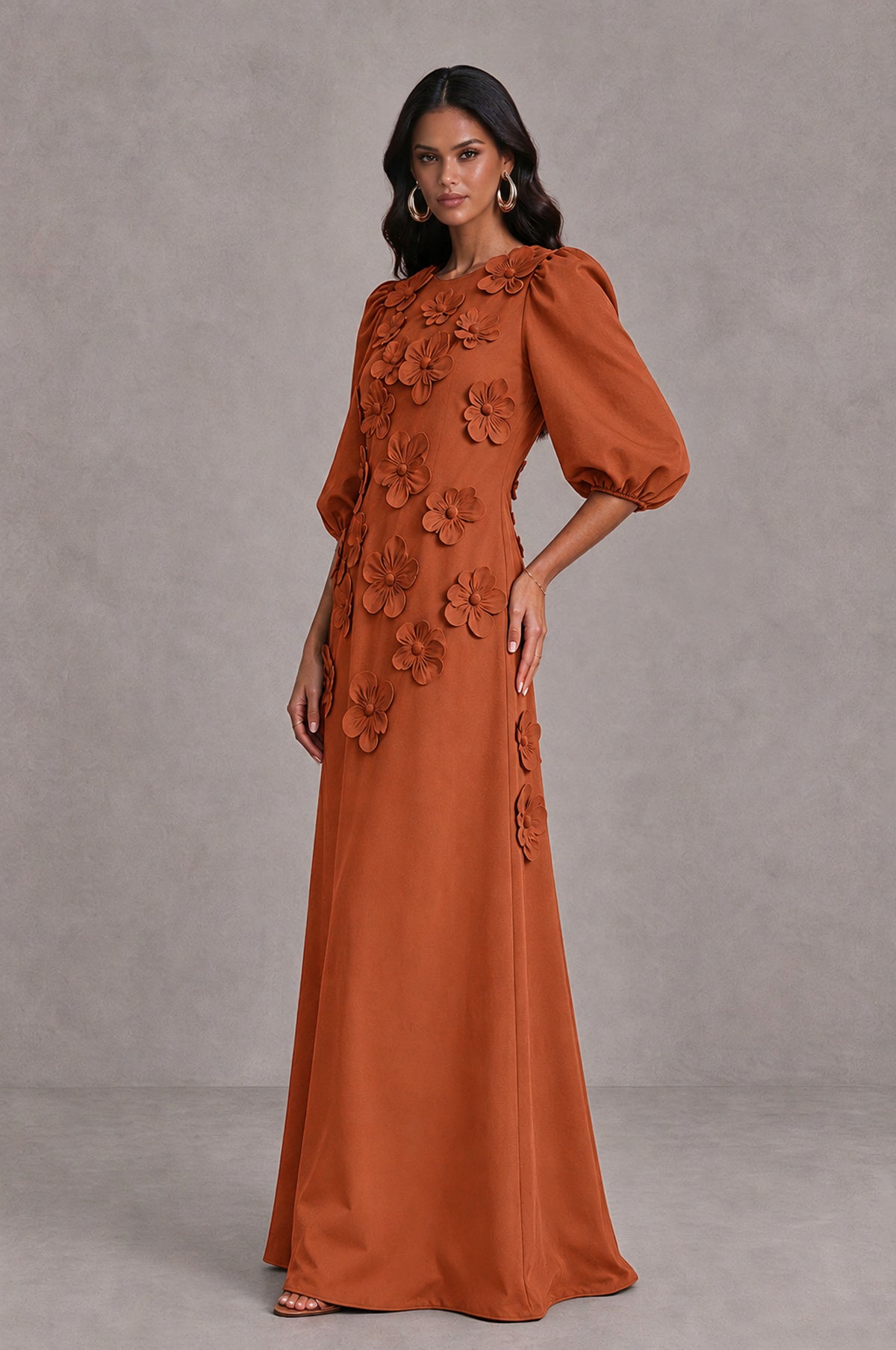 BOLODOO Burnt Orange Floral Applique Puff Sleeve A-Line Evening Dress - Burnt Orange - Burnt Orange (4)