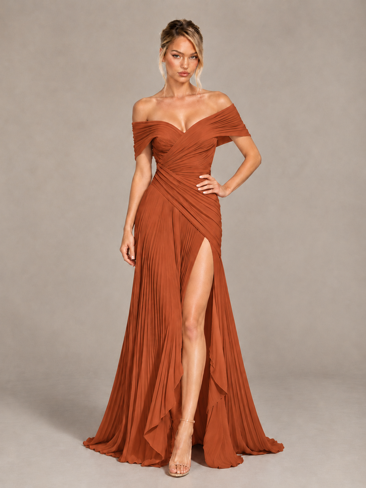 BOLODOO Burnt Orange Off-Shoulder Ruched Pleated Maxi Dress with High Slit - Burnt Orange - Burnt Orange (4)
