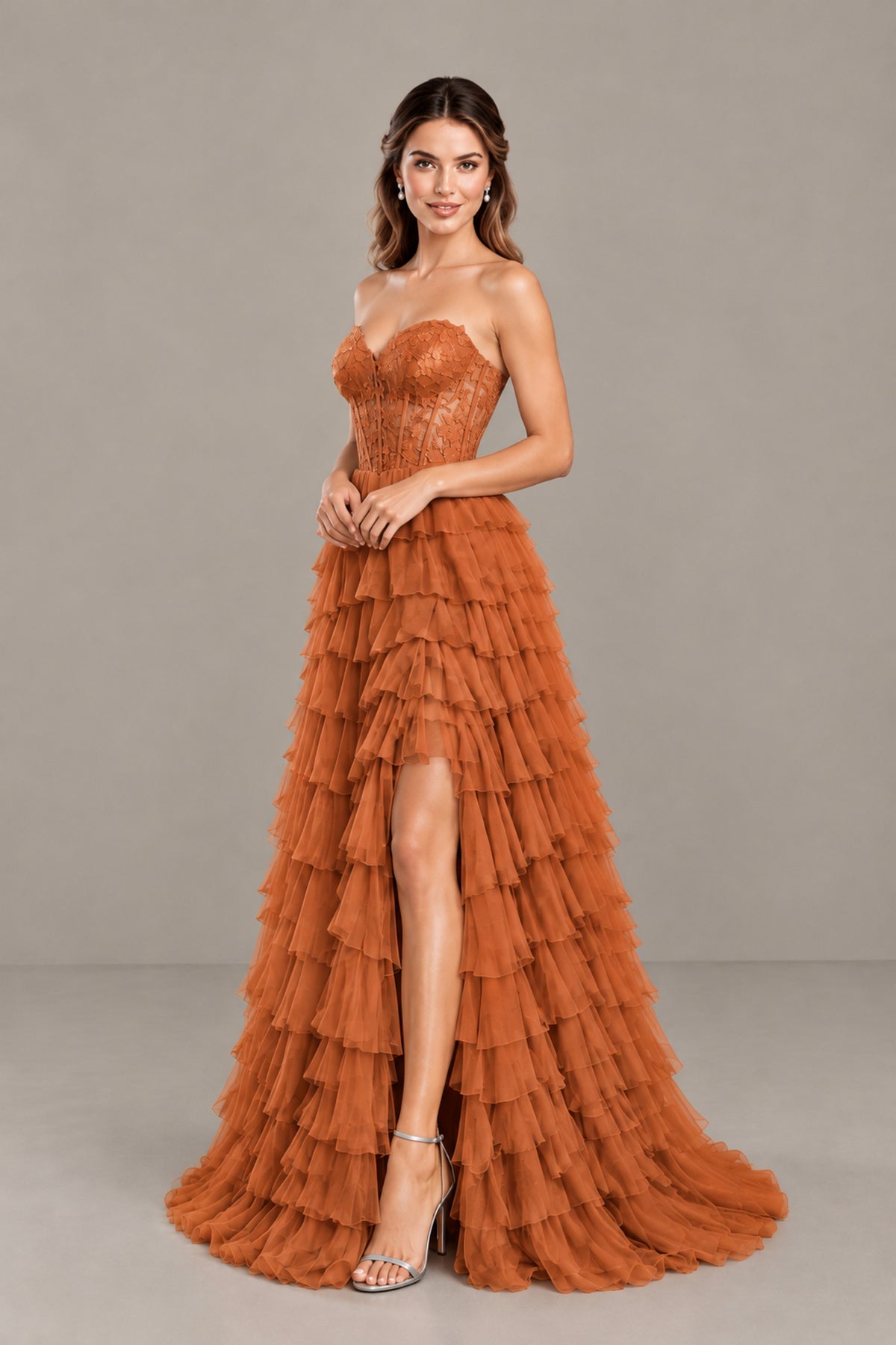 BOLODOO Burnt Orange Strapless Lace Corset Tiered Ruffle Prom Dress with Slit - Burnt Orange - Burnt Orange (4)