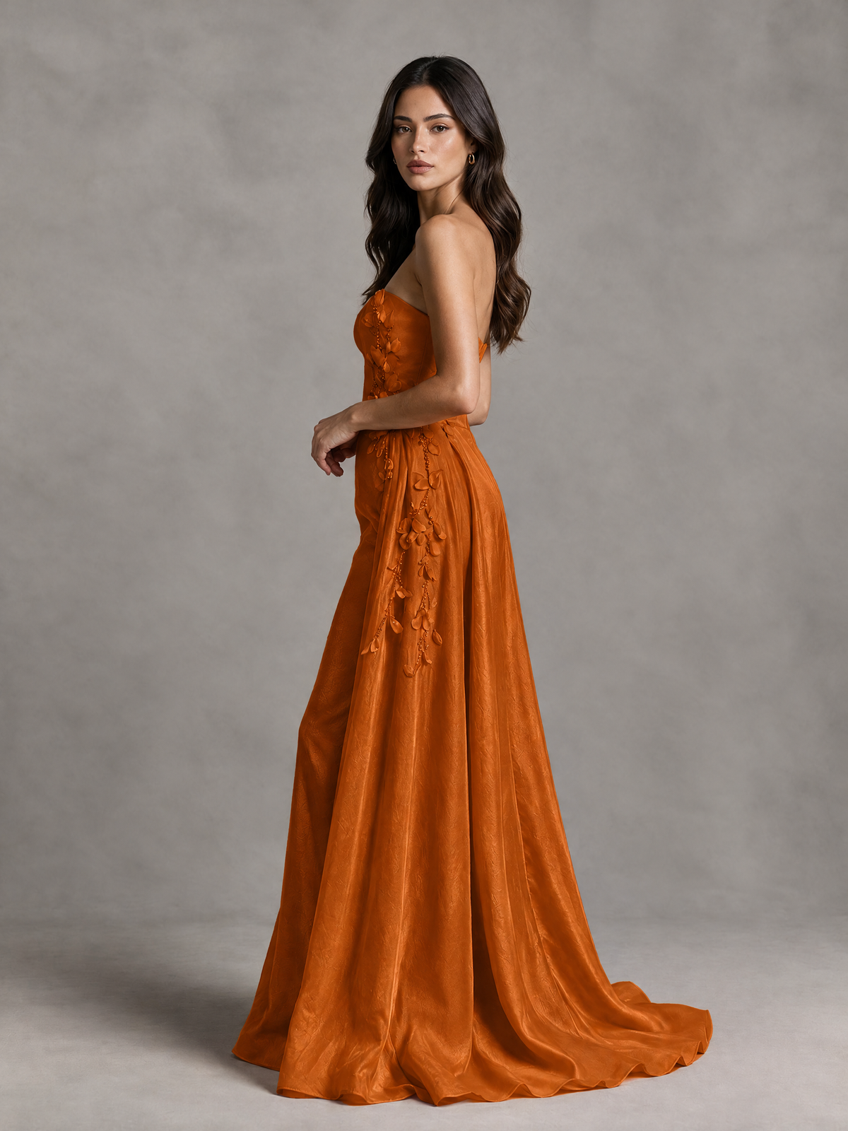 BOLODOO Burnt Orange Strapless Floral Applique Prom Dress with Overskirt - Burnt Orange - Burnt Orange (4)