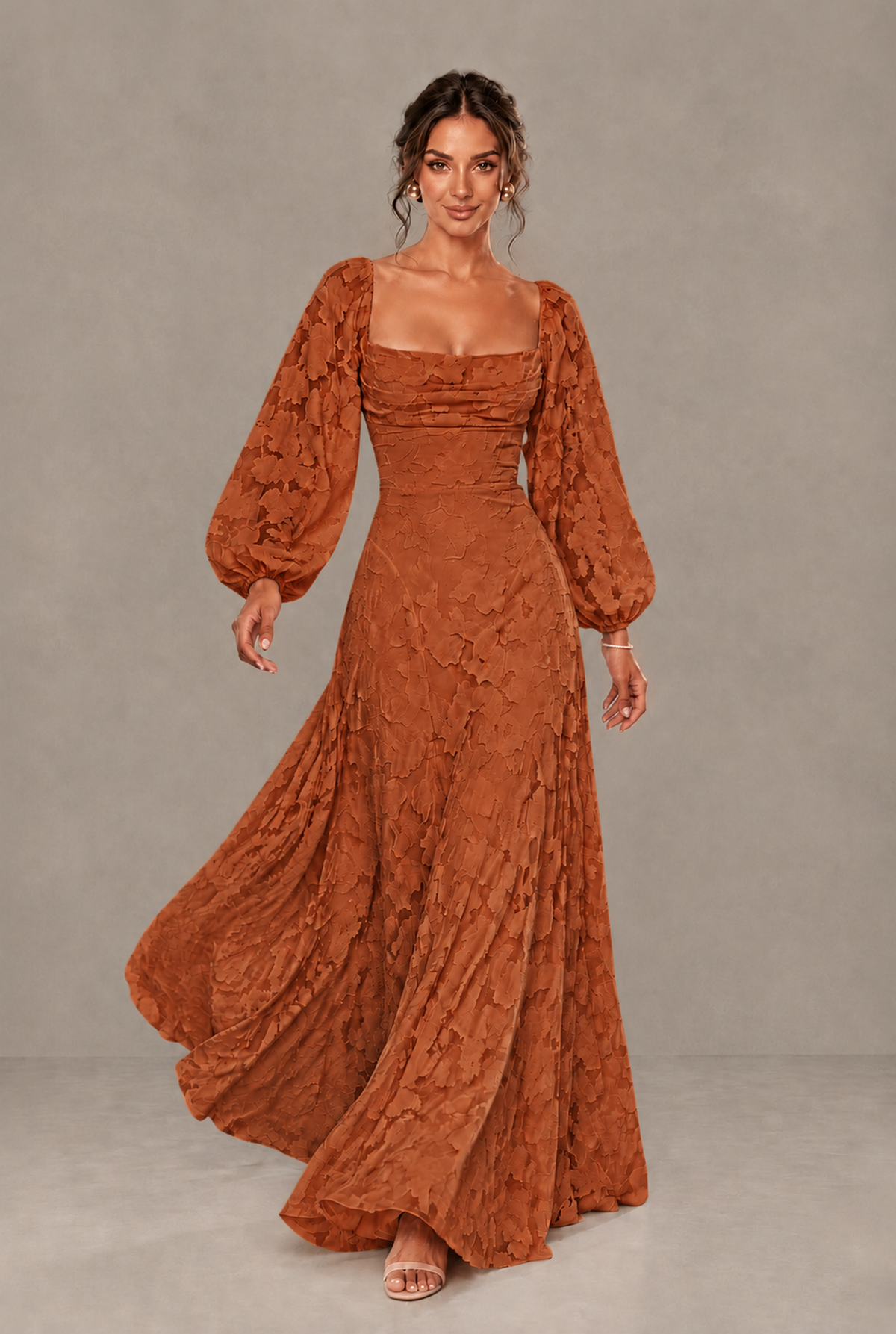 BOLODOO Floral Burnt Orange Long Sleeve A-Line Dress with Lace-Up Back - Burnt Orange