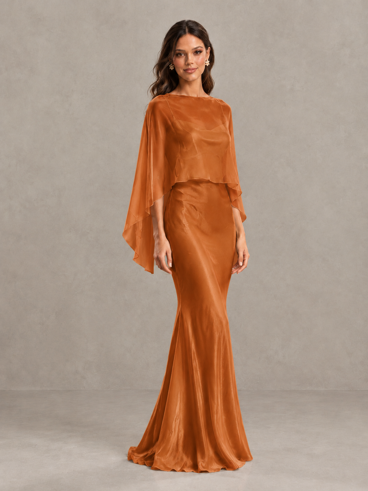 BOLODOO Burnt Orange Satin Mermaid Bridesmaid Dress with Chiffon Cape - Burnt Orange - Burnt Orange (4)