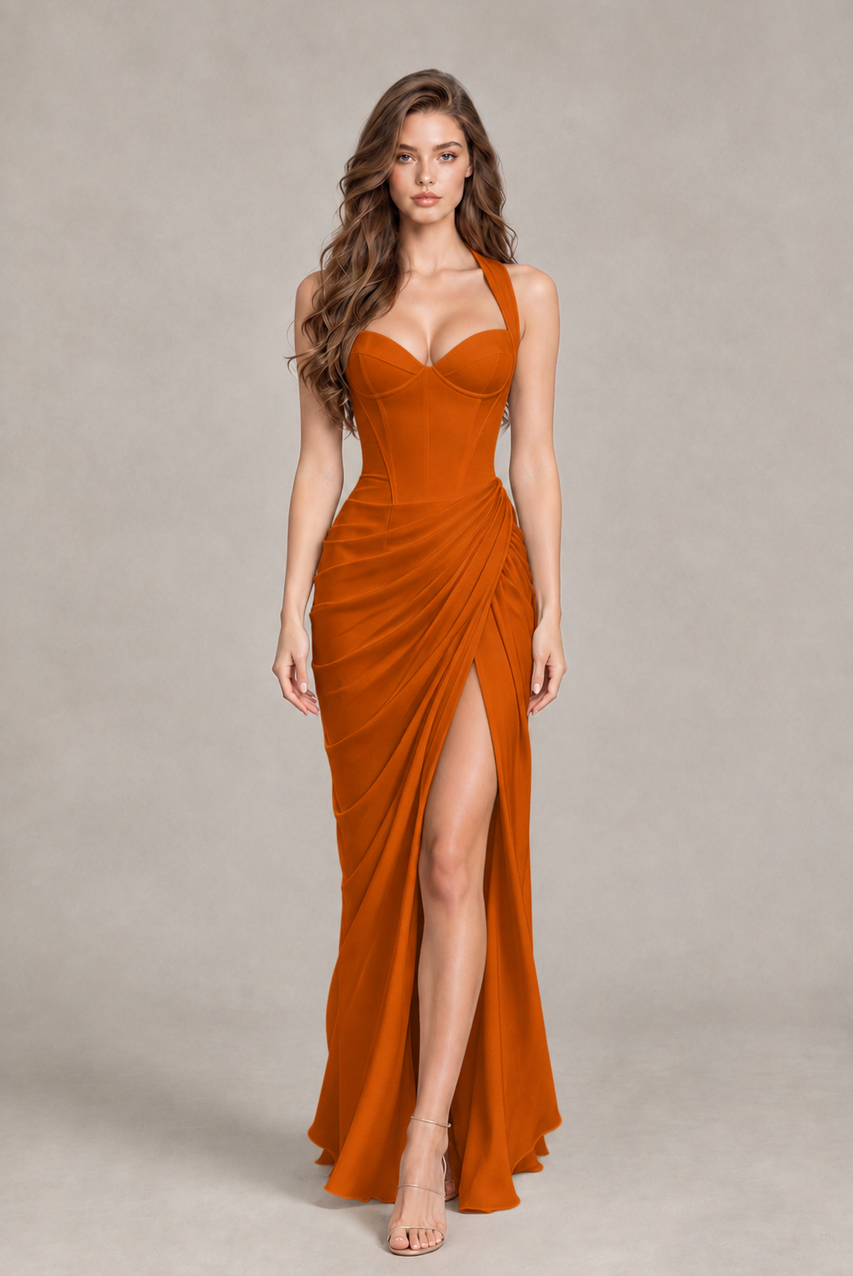 BOLODOO Chocolate Burnt Orange Sweetheart Maxi Dress with High Slit - Burnt Orange
