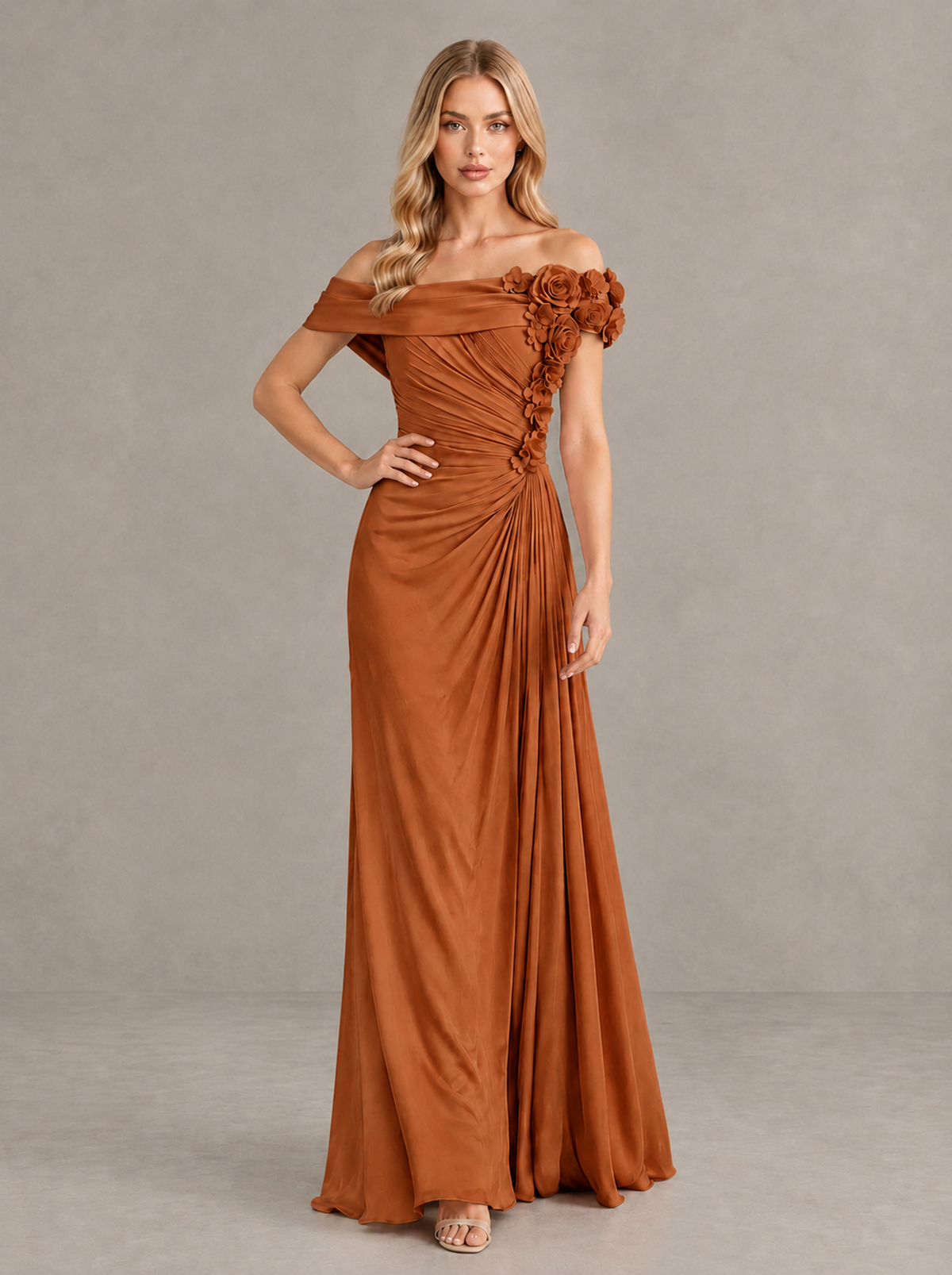 BOLODOO Burnt Orange Off-Shoulder Floral Applique Wedding Guest Maxi Dress - Burnt Orange - Burnt Orange (4)