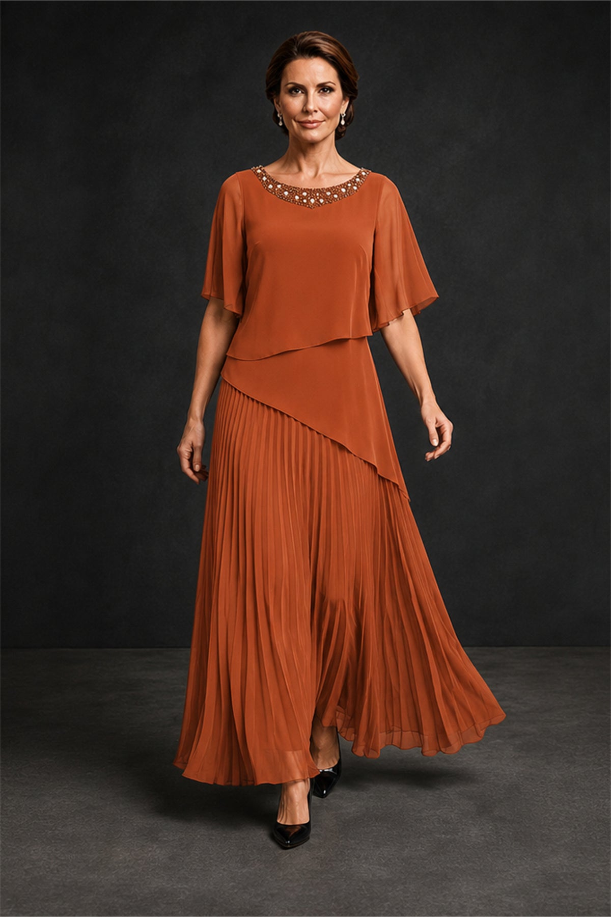 BOLODOO Burnt Orange Pearl Beaded Neck Asymmetric Tiered Flutter Sleeve Pleated Chiffon Maxi Dress - Burnt Orange
