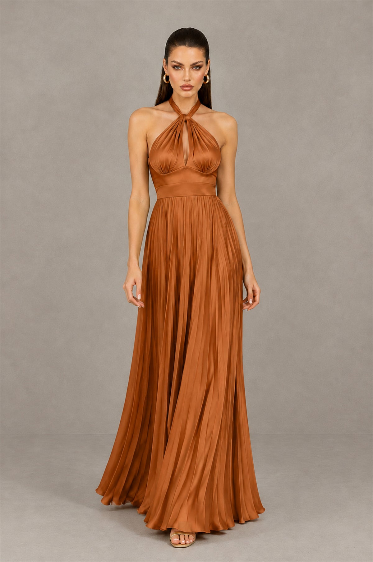 BOLODOO Burnt Orange Halter Pleated A-Line Evening Dress - Burnt Orange