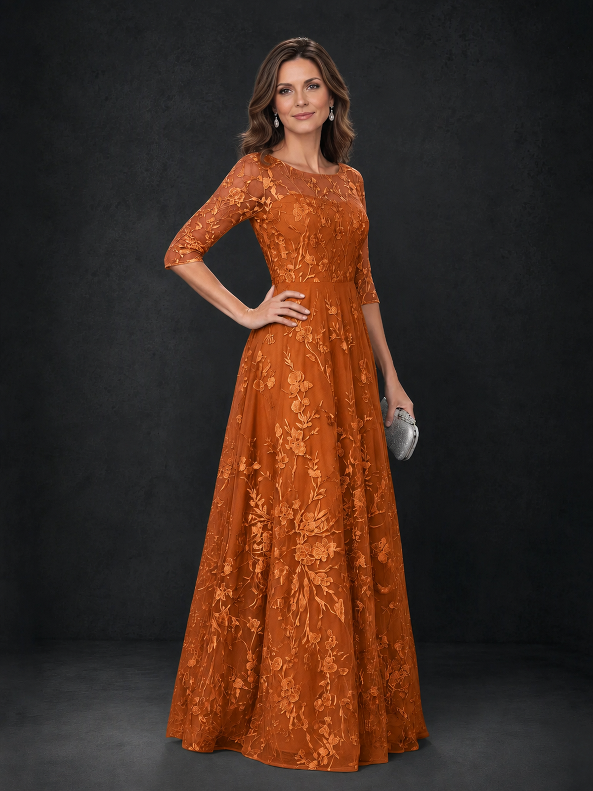 BOLODOO Wisteria Burnt Orange Illusion Bateau Neck 3/4 Sleeve Floral Lace A-Line Mother of the Bride Dress MX007 - Burnt Orange