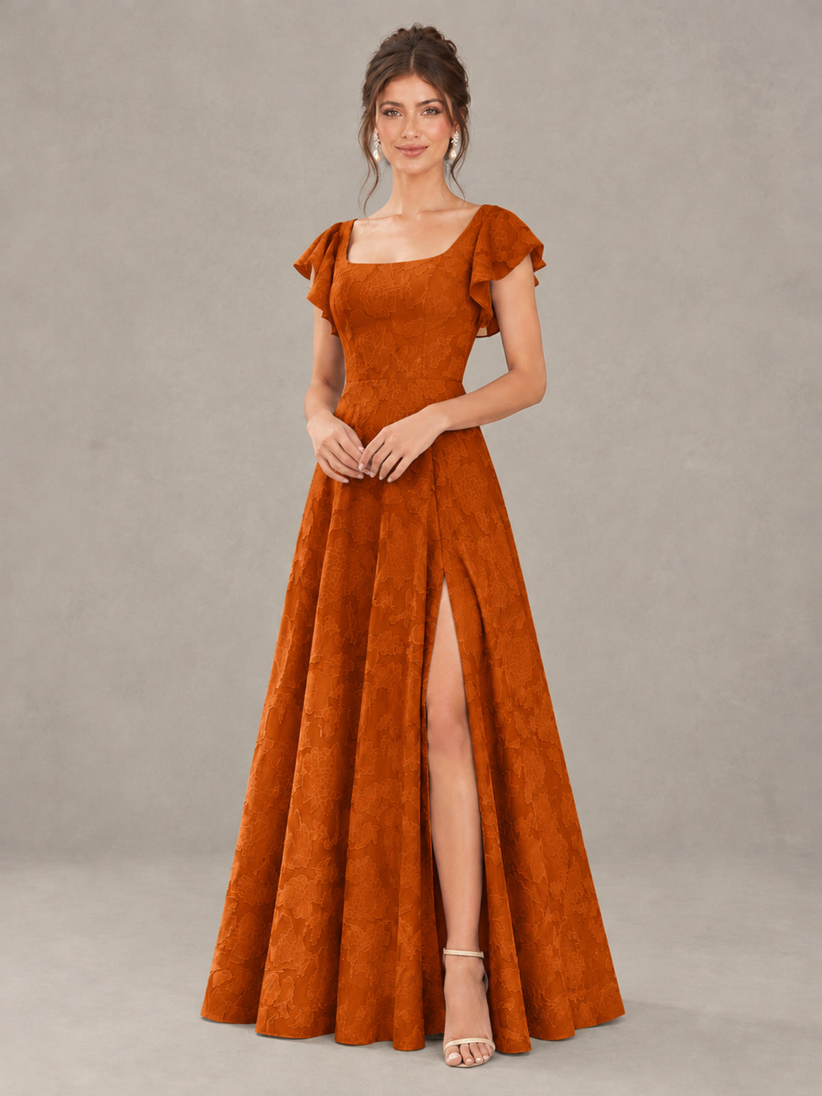 BOLODOO Burnt Orange Floral Flutter Sleeve Bridesmaid Dress with Slit - Burnt Orange - Burnt Orange (4)