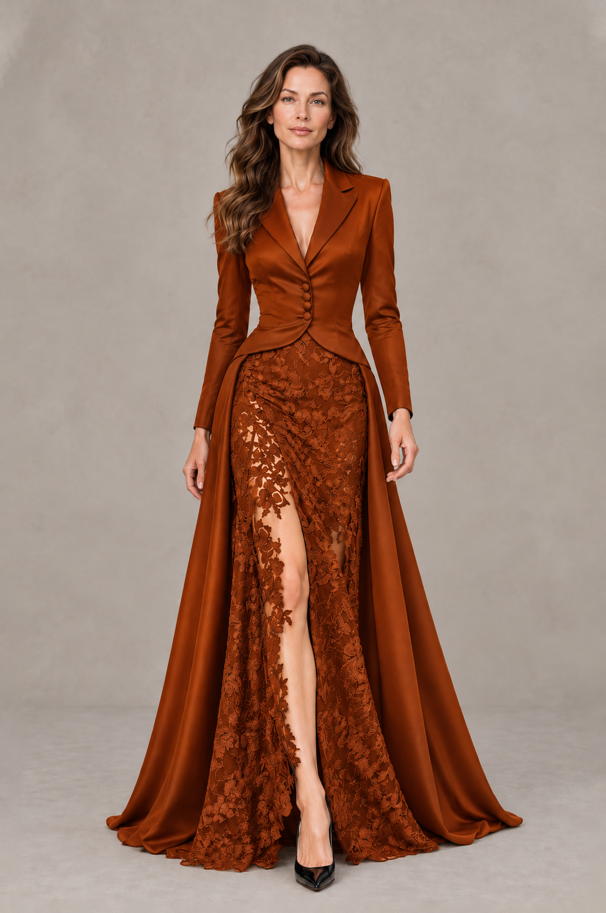 BOLODOO Burnt Orange Long Sleeve Lace Blazer Gown with High Slit - Burnt Orange - Burnt Orange (4)