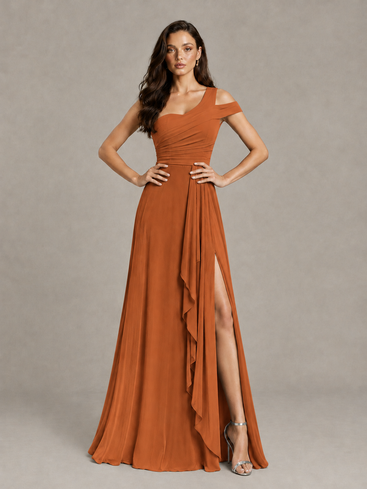 BOLODOO Burnt Orange One-Shoulder Bridesmaid Dress with Side Slit - Burnt Orange - Burnt Orange (4)