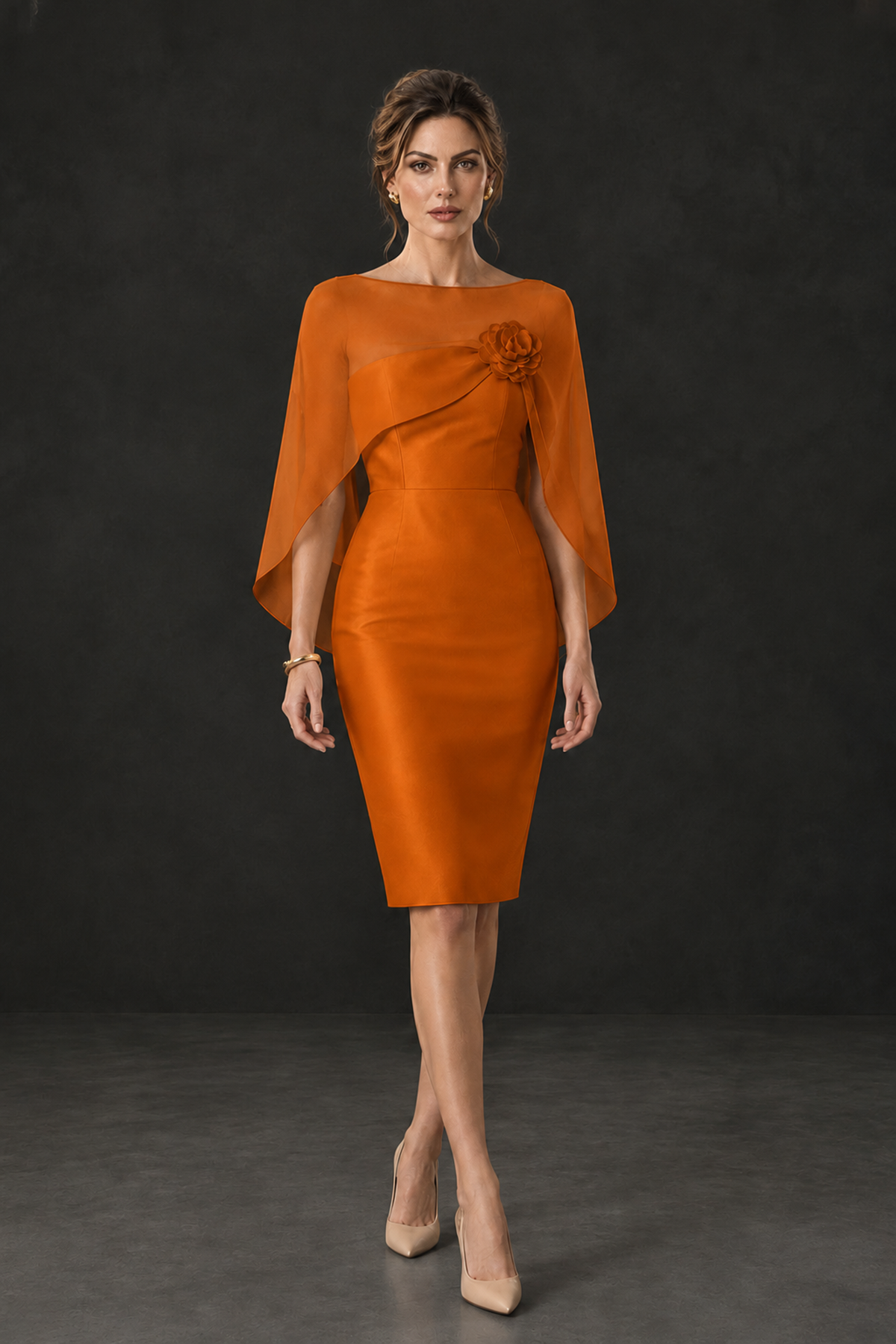 BOLODOO Burnt Orange Cape Knee-Length Mother of the Bride Dress - Burnt Orange - Burnt Orange (4)