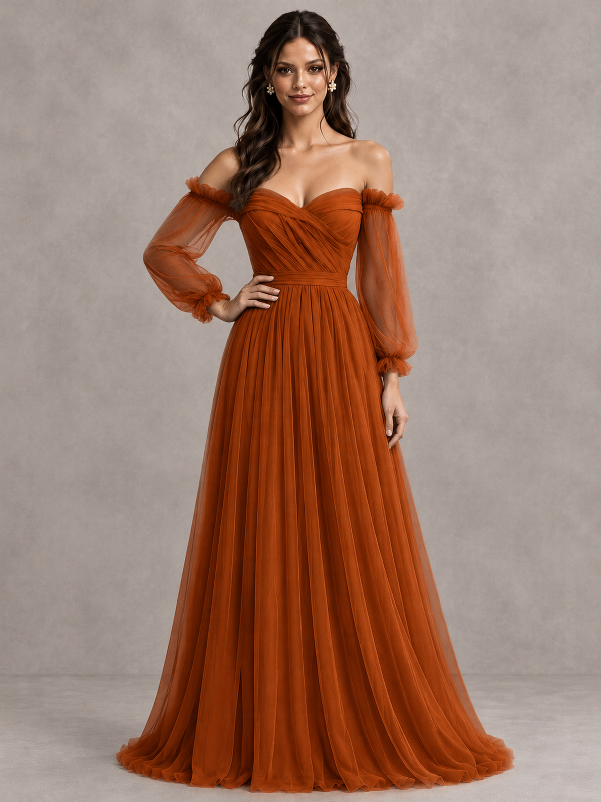 BOLODOO Burnt Orange Off-the-Shoulder Long Sleeve A-Line Bridesmaid Dress - Burnt Orange - Burnt Orange (4)