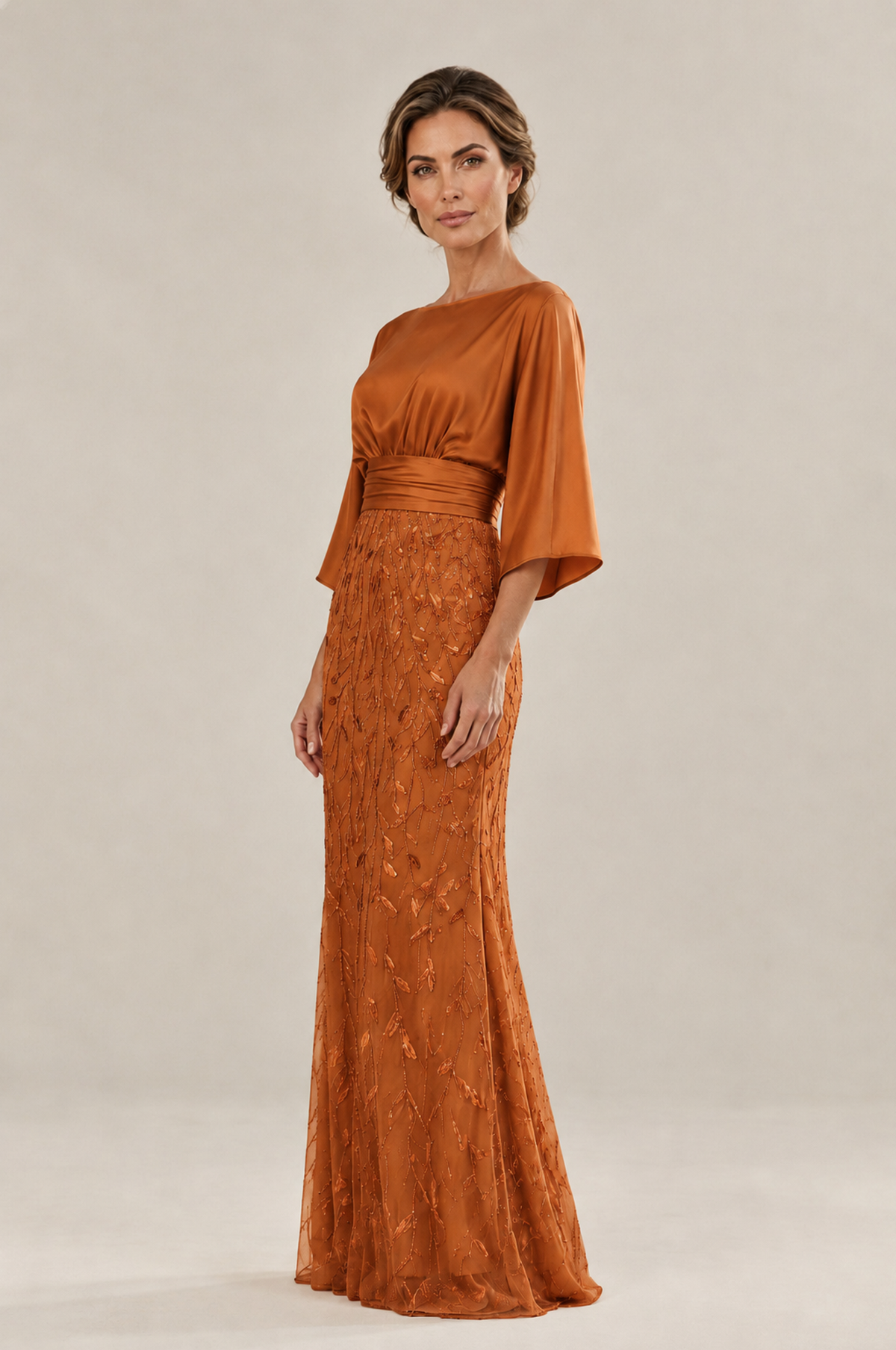 BOLODOO Burnt Orange Mother of the Bride Dress with Kimono Sleeves, Satin Bodice & Sequin Embroidered Mermaid Floor-Length Gown - Burnt Orange - Burnt Orange (4)