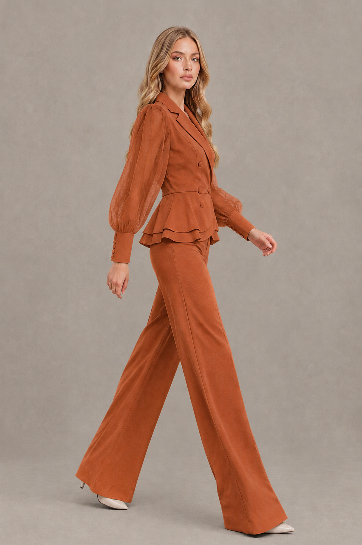 BOLODOO Mint Burnt Orange Peplum Blazer Wide-Leg Pantsuit with Sheer Puff Sleeves - Burnt Orange