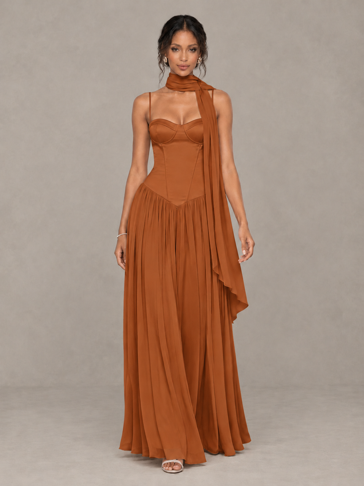 BOLODOO Burnt Orange Corset Bridesmaid Dress with Scarf - Burnt Orange - Burnt Orange (4)