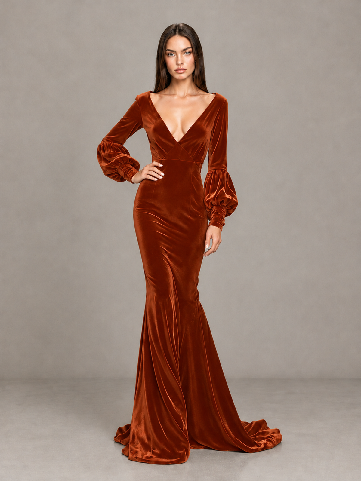 BOLODOO Burnt Orange Velvet V-Neck Long Sleeve Open Back Mermaid Evening Gown - Burnt Orange - Burnt Orange (4)