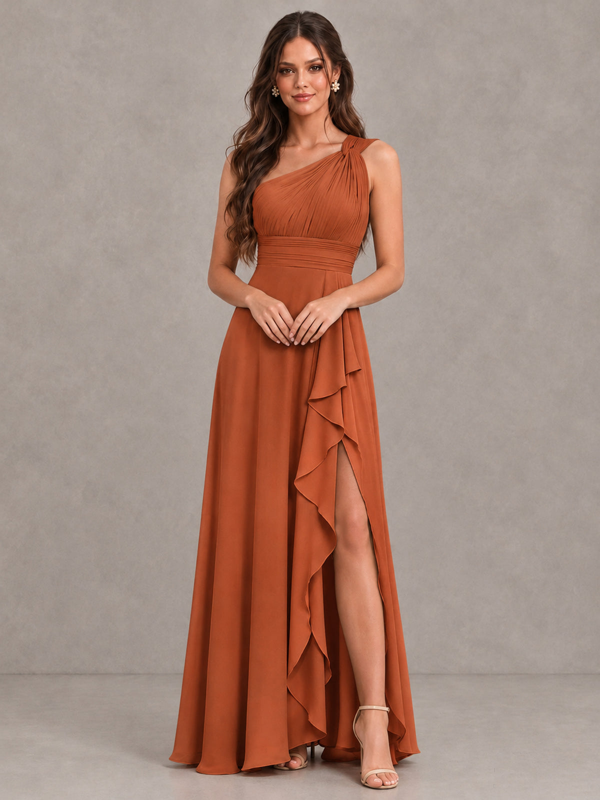 BOLODOO Burnt Orange One-Shoulder Ruffle Bridesmaid Dress with Slit - Burnt Orange - Burnt Orange (4)