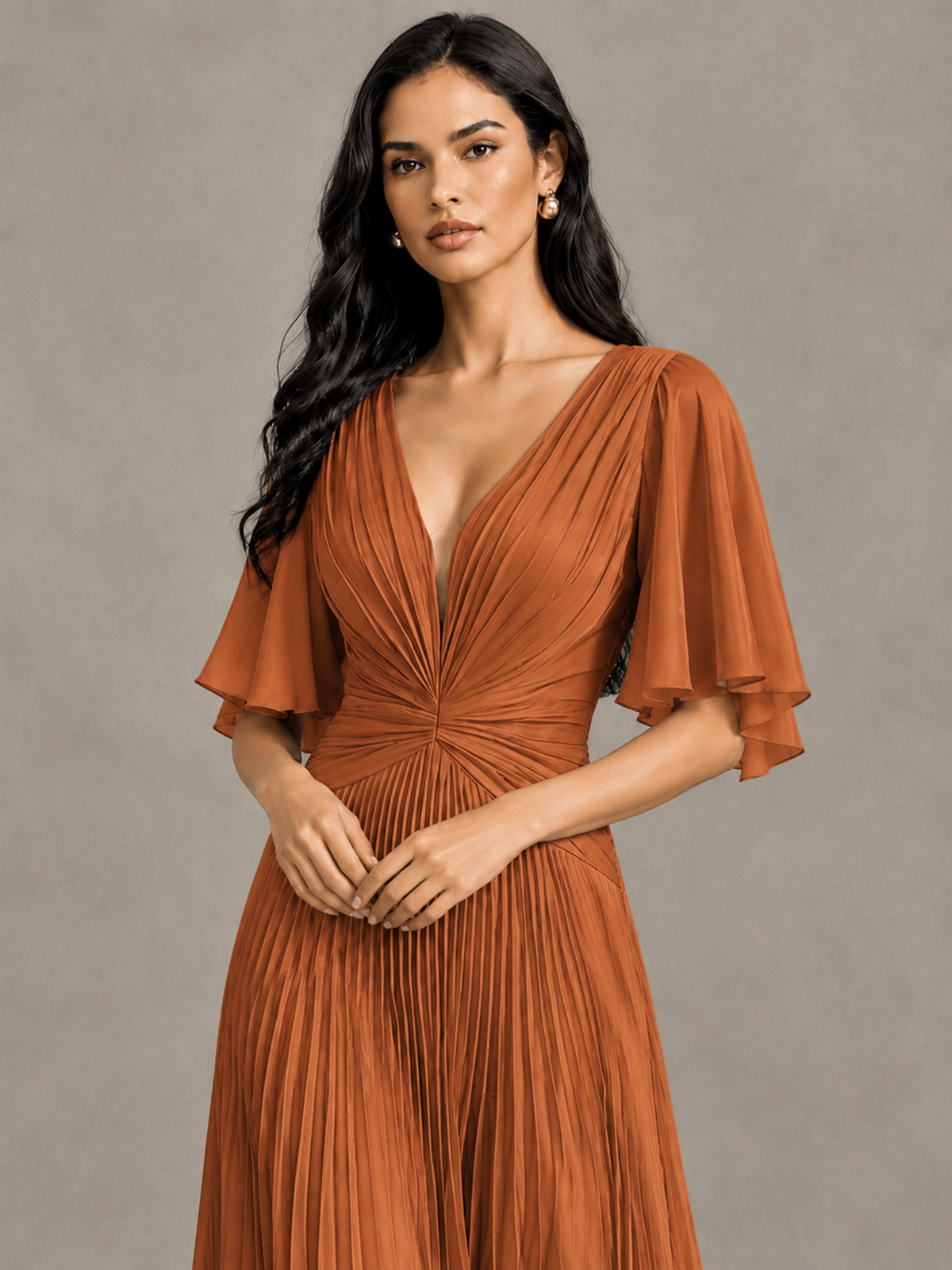 BOLODOO Burnt Orange Pleated V-Neck Flutter Sleeve Bridesmaid Dress - Burnt Orange - Burnt Orange (4)