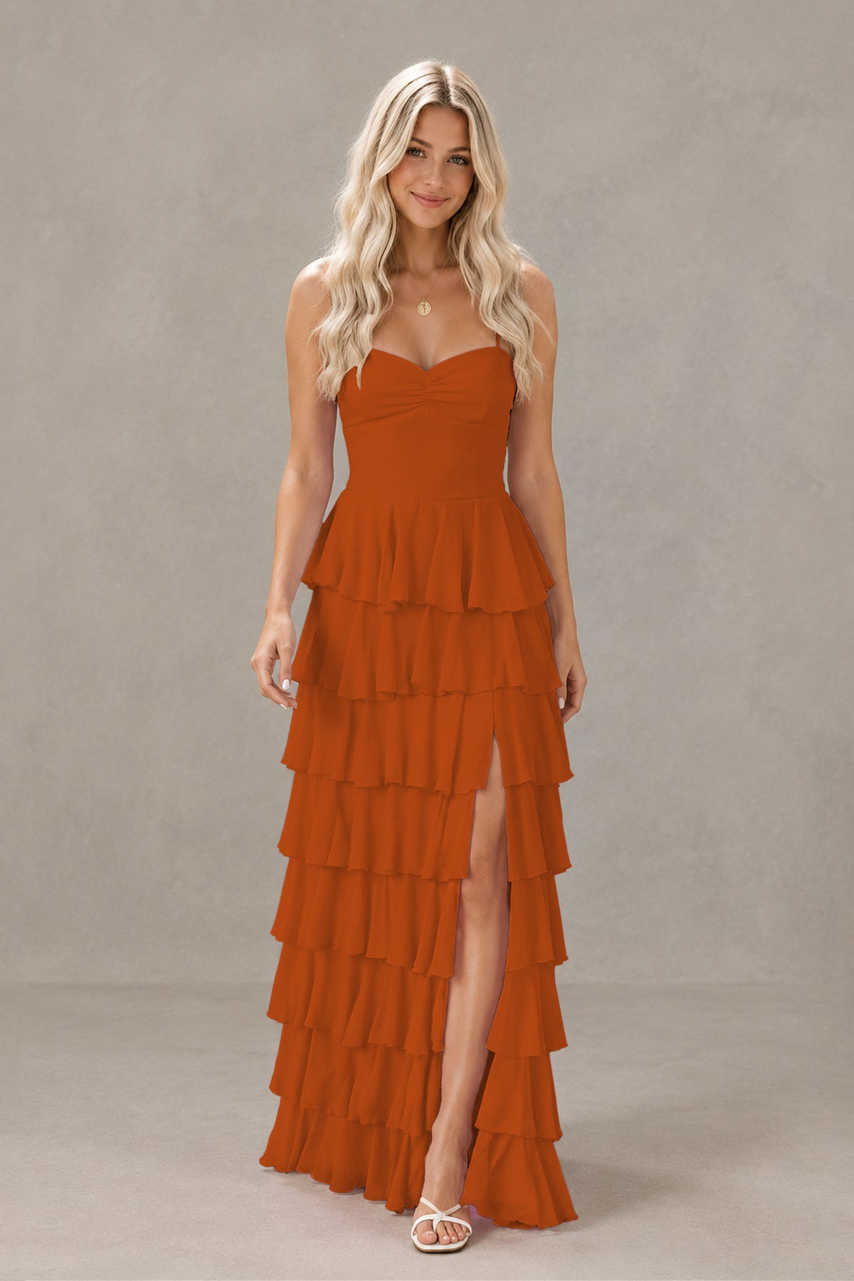 BOLODOO Burnt Orange Strapless Tiered Ruffle Maxi Dress with Slit & Lace-Up Back - Burnt Orange