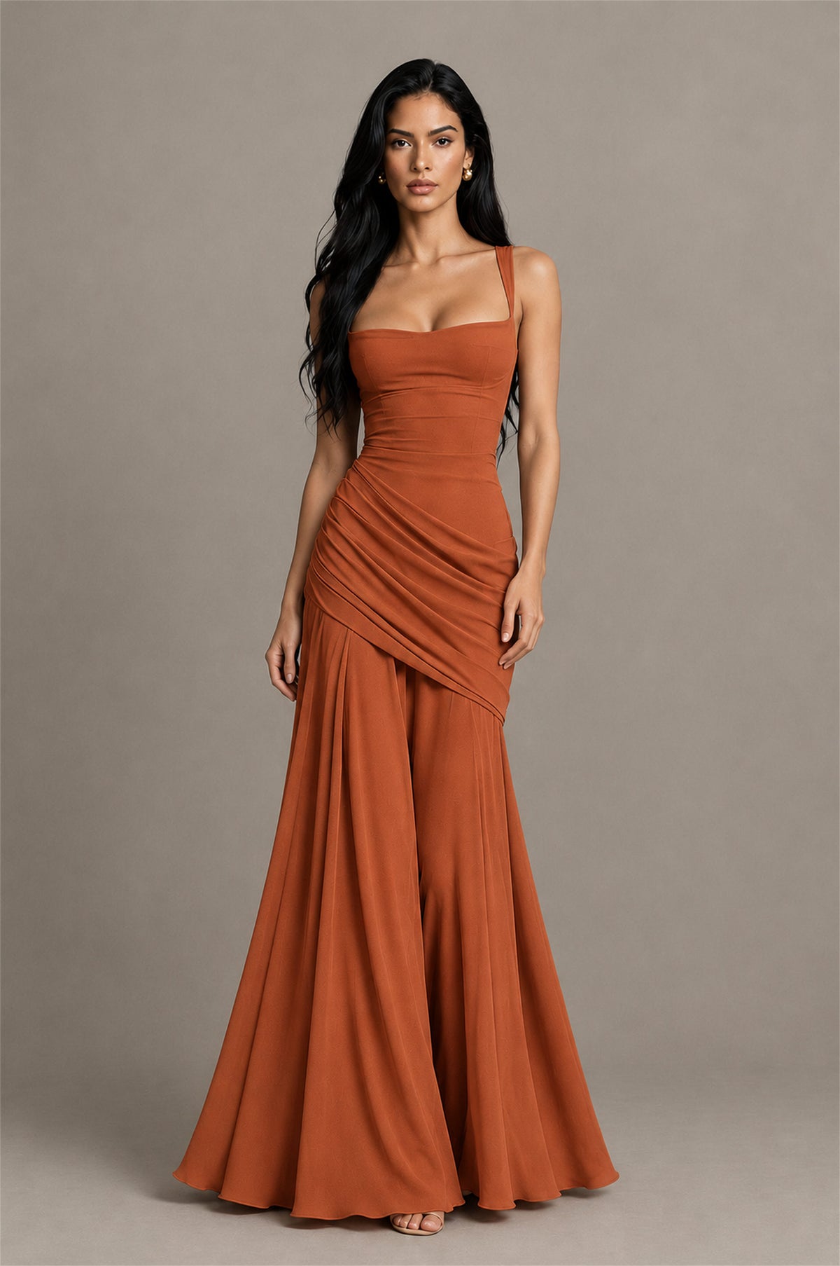 BOLODOO Square Neck Ruched A-Line Maxi Dress - Burnt Orange Backless Evening Gown - Burnt Orange