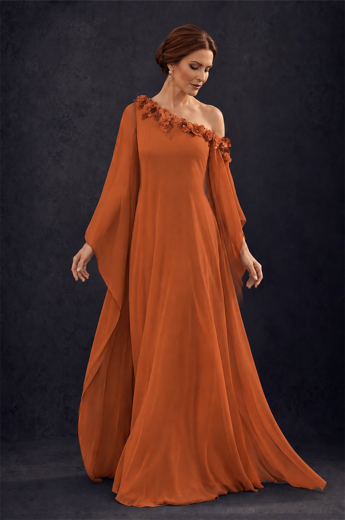 BOLODOO Burnt Orange 2-Piece Set: Off-Shoulder 3D Floral Cape Gown & One-Shoulder Wide-Leg Jumpsuit | BD0373 - Burnt Orange