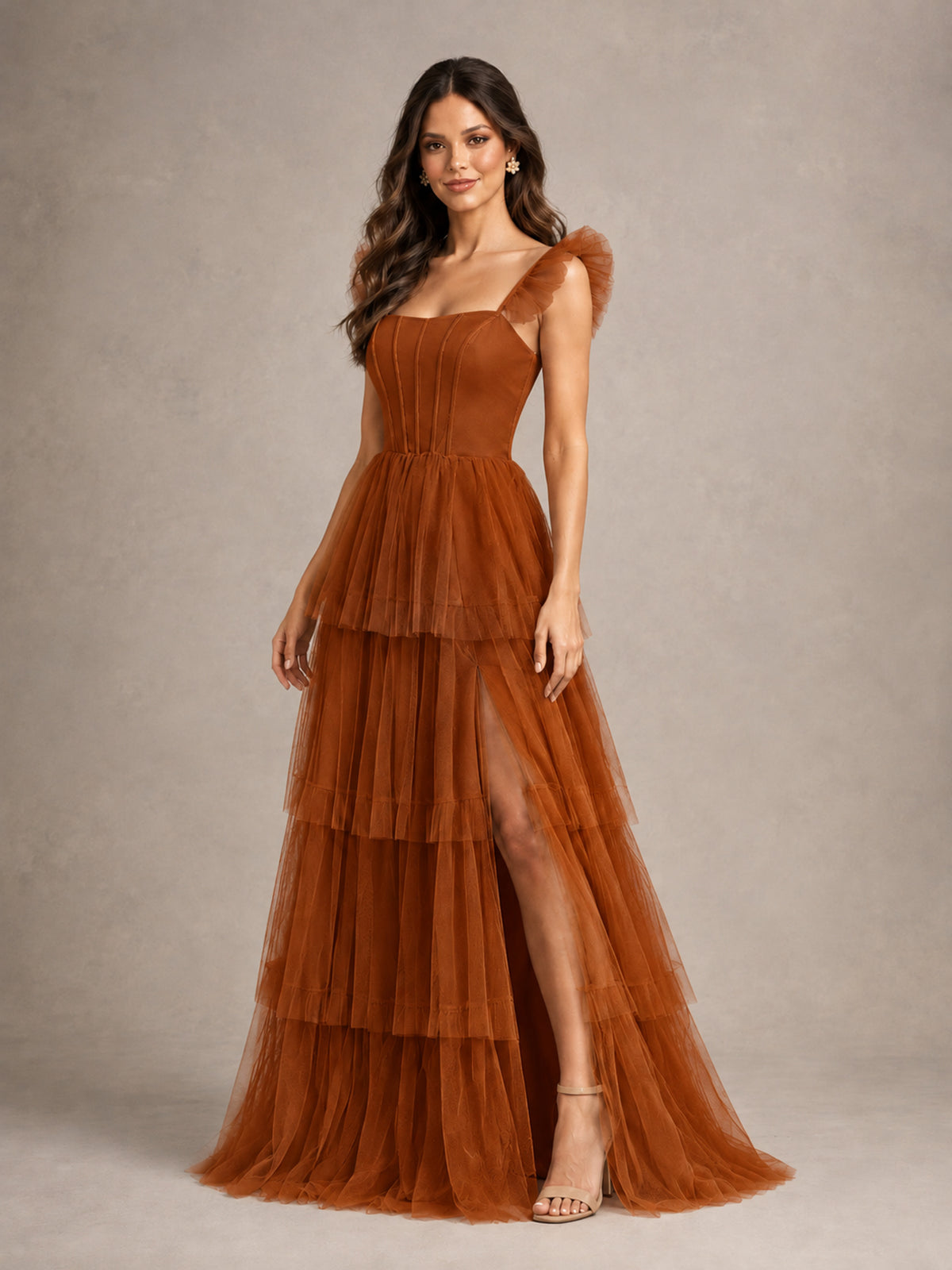BOLODOO Burnt Orange Tiered Tulle Bridesmaid Dress with Slit - Burnt Orange - Burnt Orange (4)