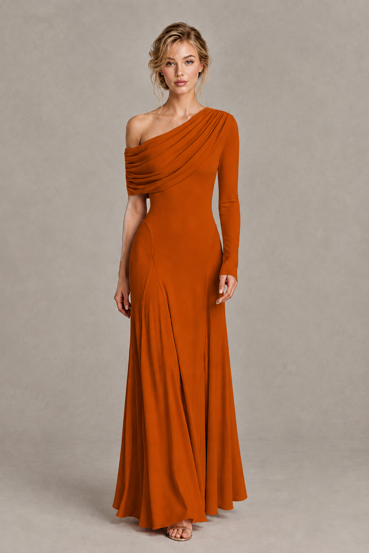 BOLODOO Burnt Orange Asymmetric Draped Long Sleeve Evening Gown - Burnt Orange