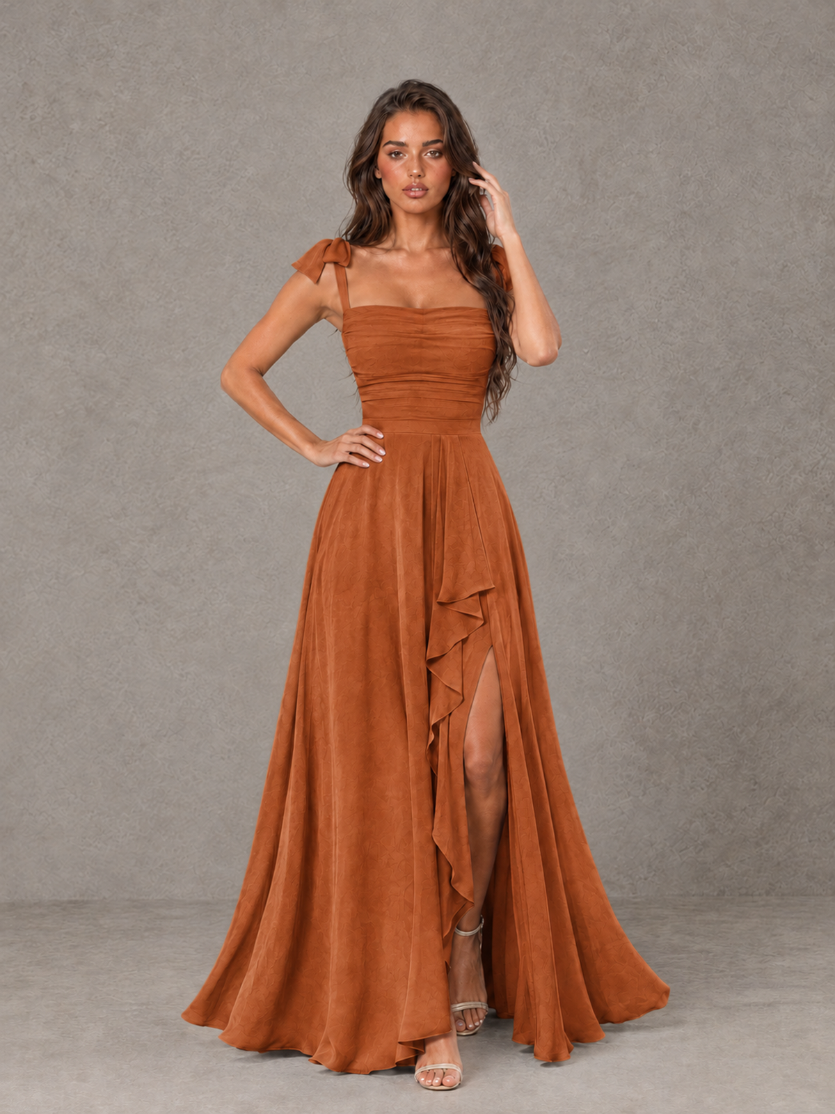 BOLODOO Burnt Orange Bow-Strap Bridesmaid Dress with Ruffle Slit - Burnt Orange - Burnt Orange (4)