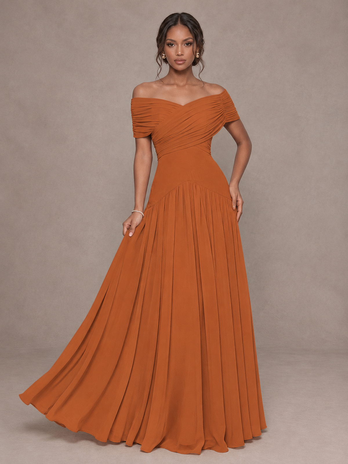 BOLODOO Burnt Orange Off-Shoulder Ruched A-Line Bridesmaid Dress - Burnt Orange - Burnt Orange (4)