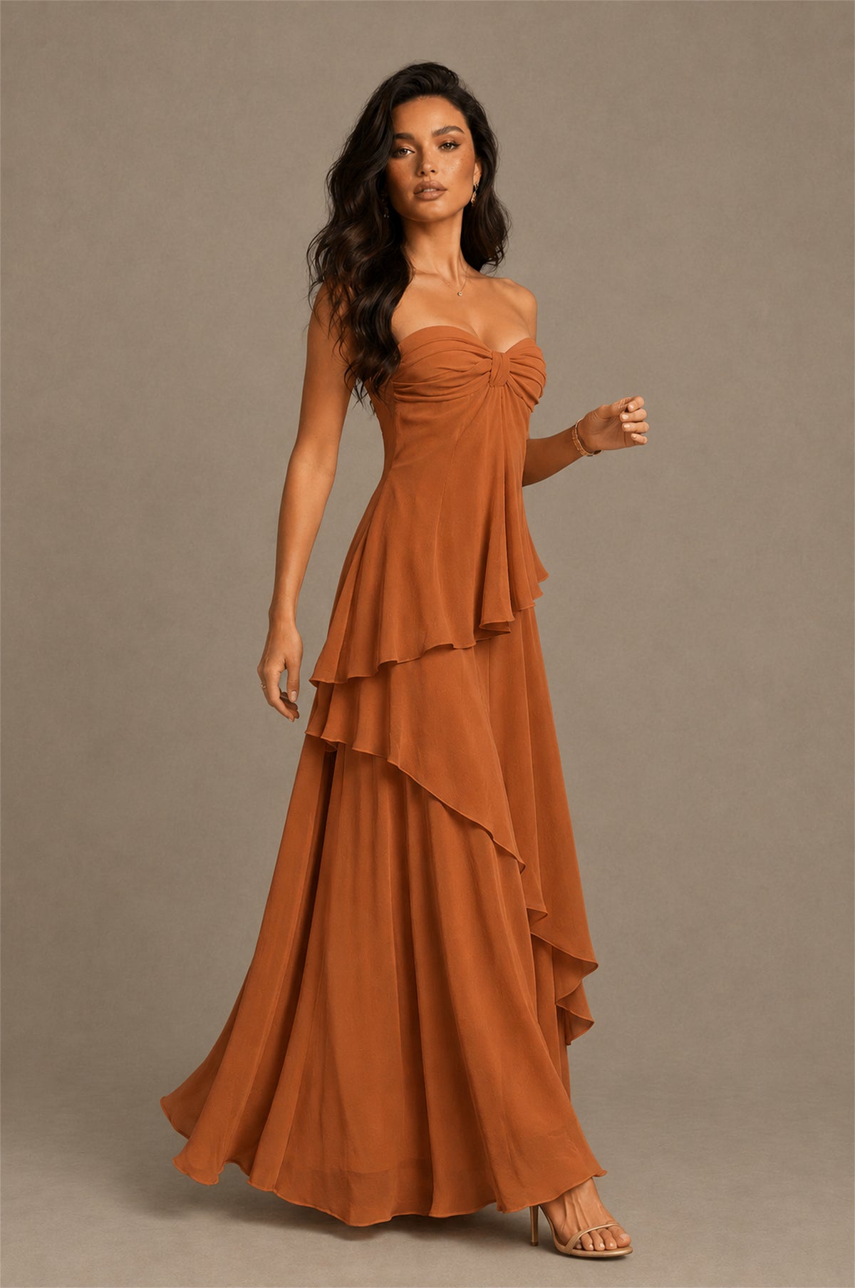 BOLODOO Burnt Orange Strapless Sweetheart Knotted Chiffon Tiered Maxi Dress with Lace-Up Back - Burnt Orange