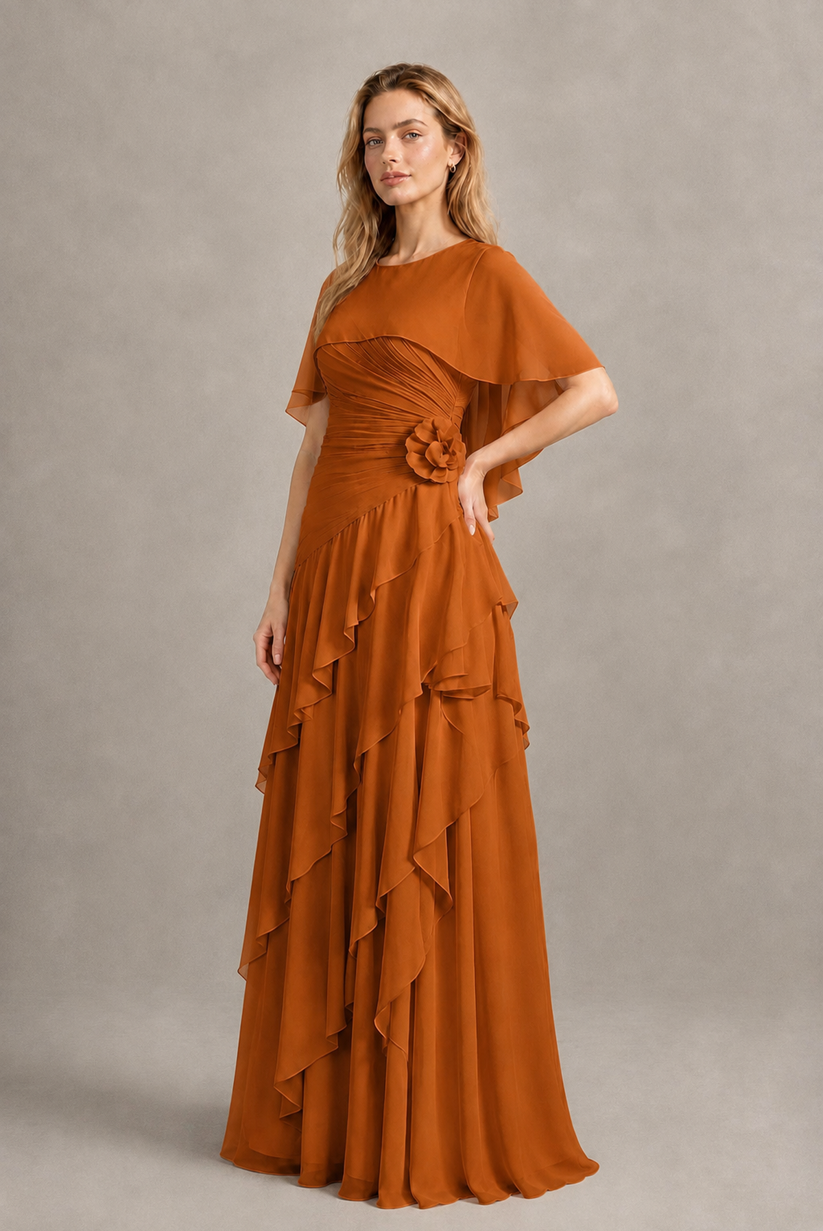 BOLODOO Burnt Orange Chiffon Flutter Sleeve Tiered Maxi Dress with 3D Rosette - Burnt Orange