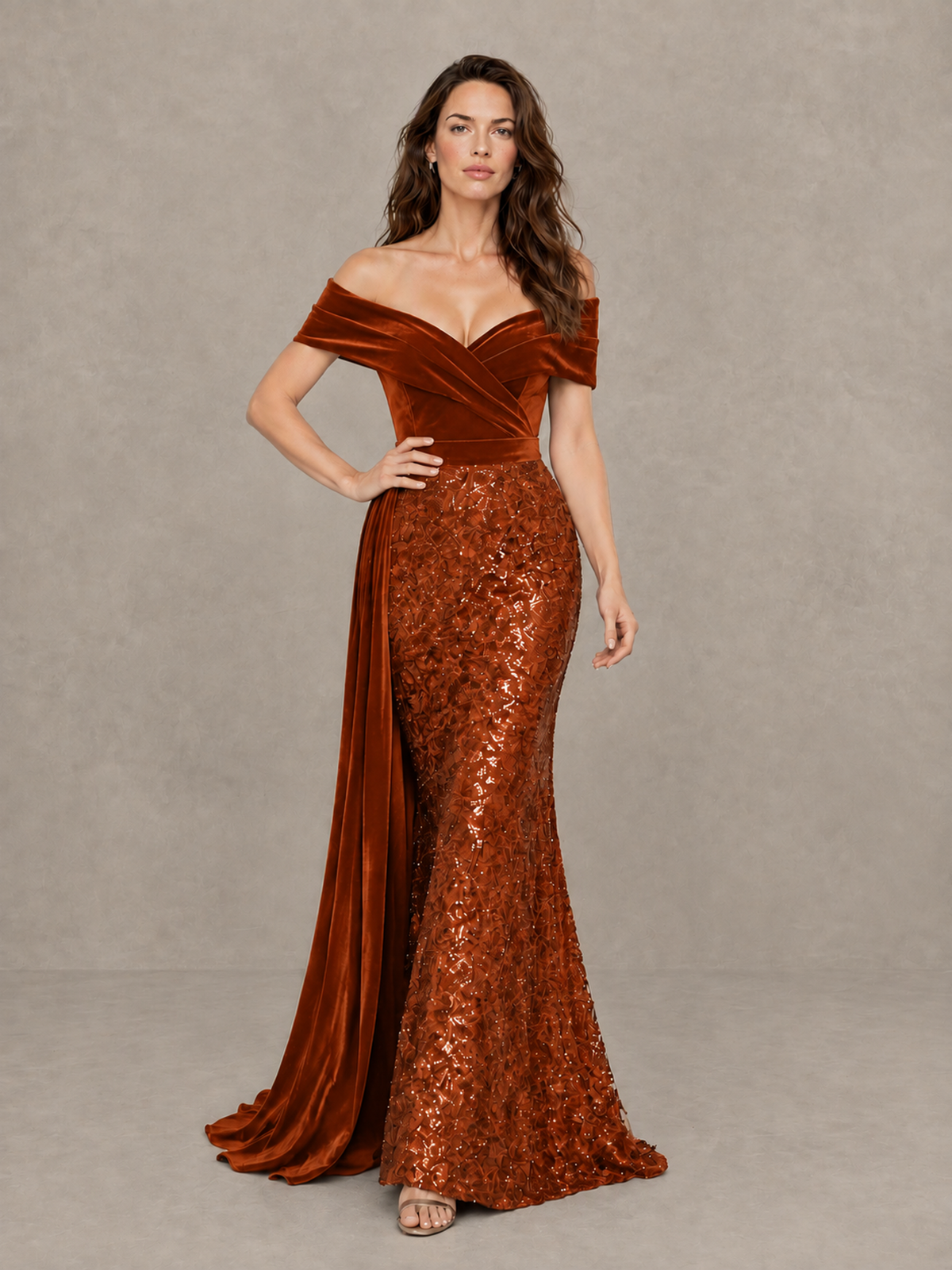 BOLODOO Burnt Orange Off-Shoulder Velvet & Sequin Evening Gown with Side Train - Burnt Orange - Burnt Orange (4)
