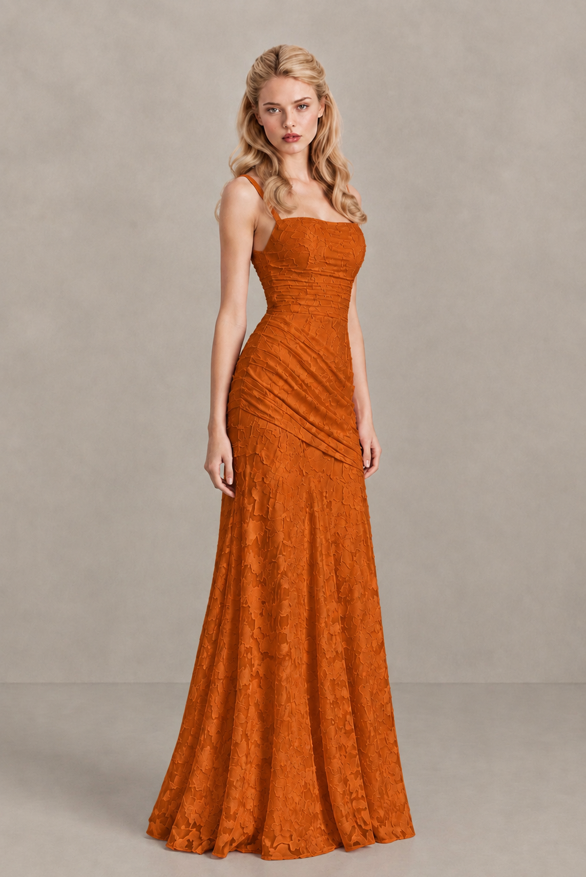 BOLODOO Burnt Orange Ruched Floral Maxi Dress with Lace-Up Back - Burnt Orange