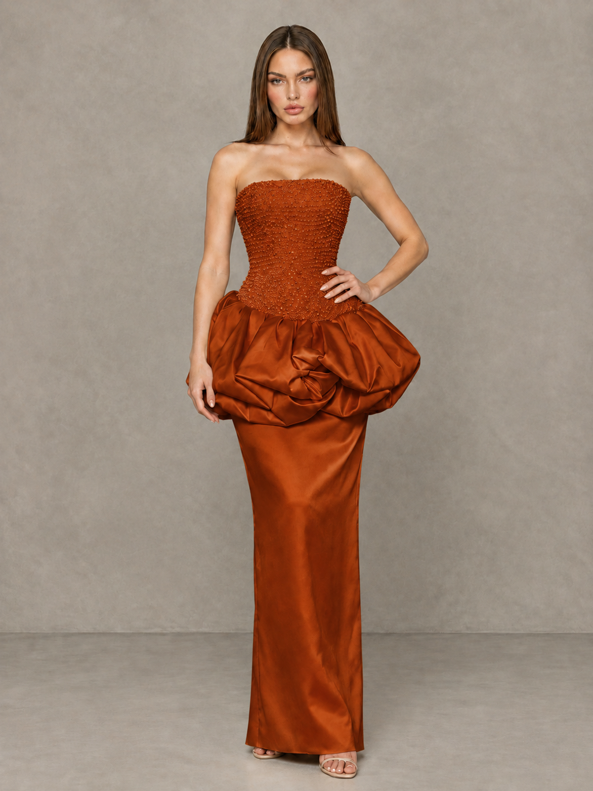 BOLODOO Burnt Orange Strapless Embellished Bubble Peplum Evening Dress - Burnt Orange - Burnt Orange (4)