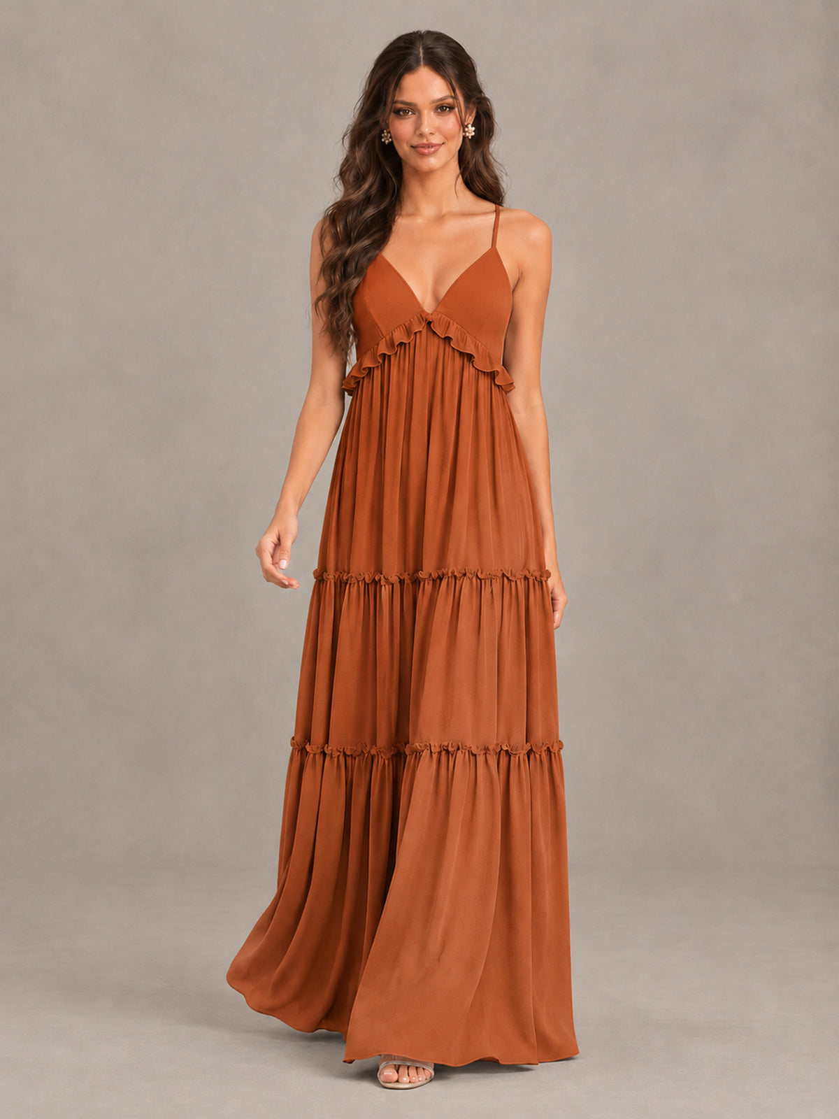 BOLODOO Burnt Orange Tiered V-Neck Lace-Up Back Bridesmaid Dress - Burnt Orange - Burnt Orange (4)