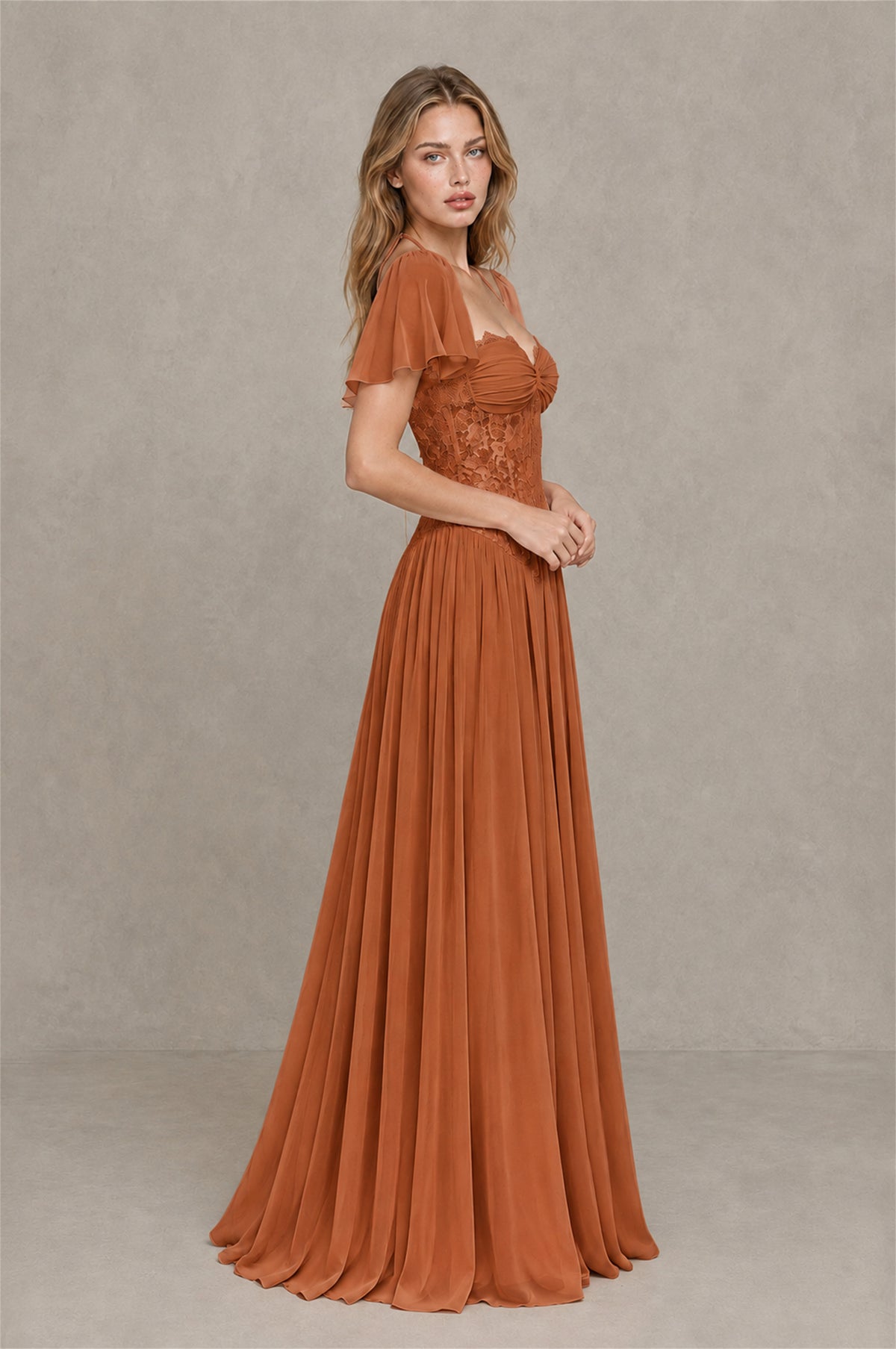 BOLODOO Burnt Orange Flutter Sleeve Lace Corset A-Line Maxi Dress - Burnt Orange - Burnt Orange (4)
