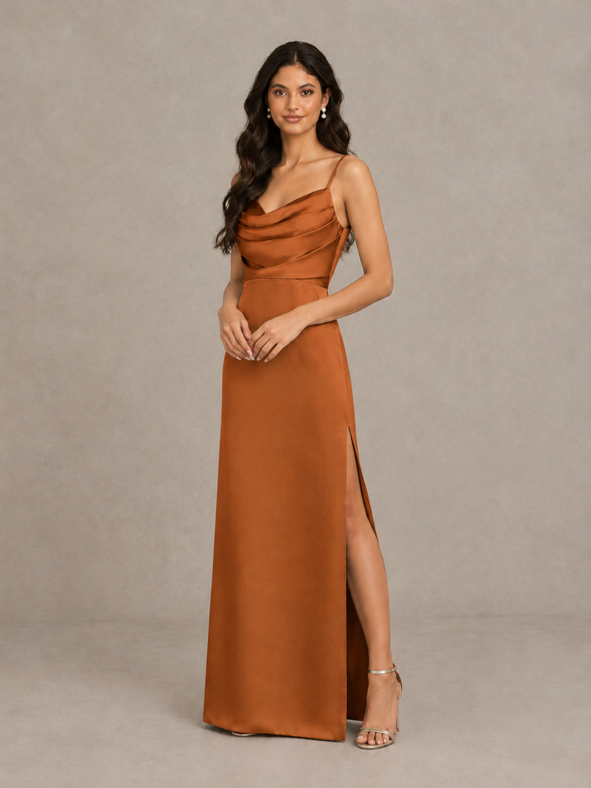 BOLODOO Burnt Orange Cowl Neck Satin Bridesmaid Dress with Slit - Burnt Orange - Burnt Orange (4)