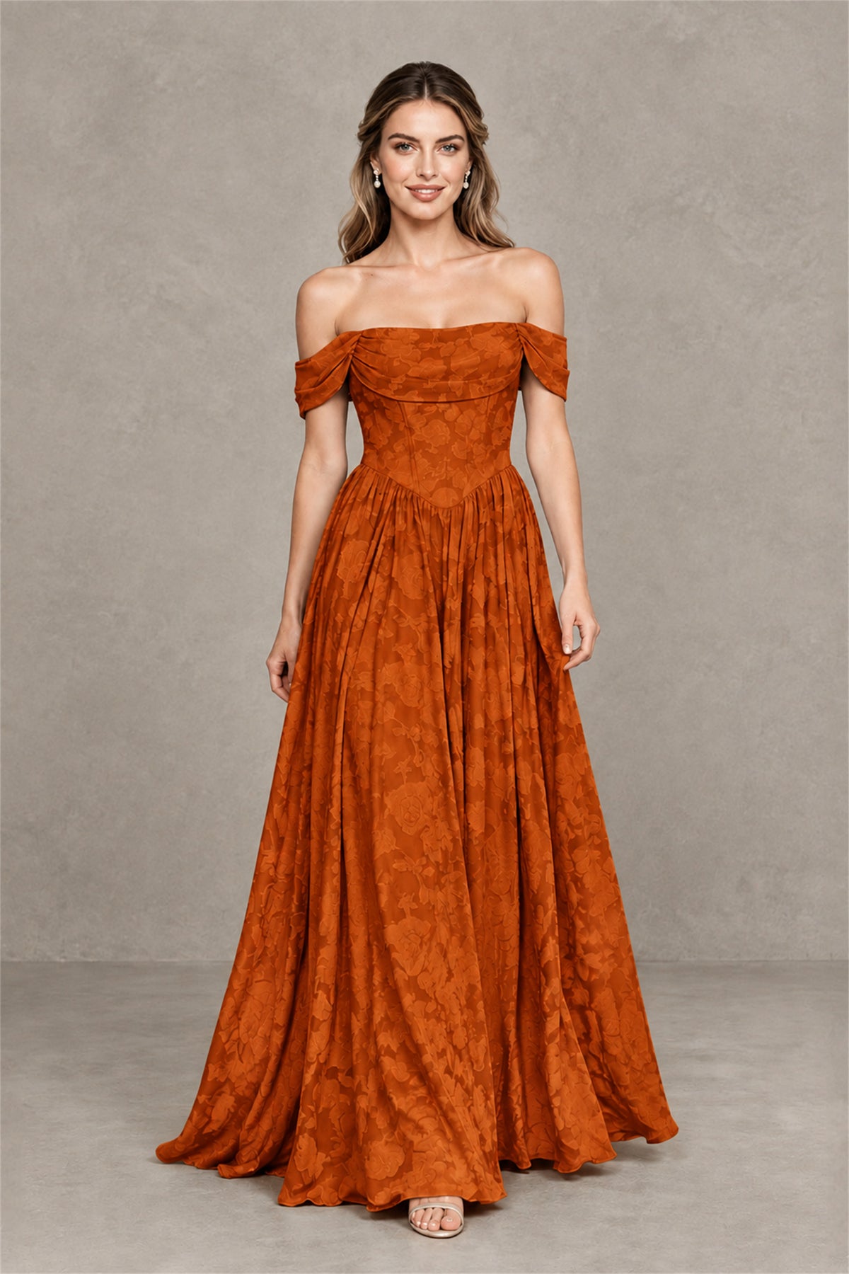 BOLODOO Burnt Orange Off-Shoulder Floral A-Line Maxi Dress - Burnt Orange
