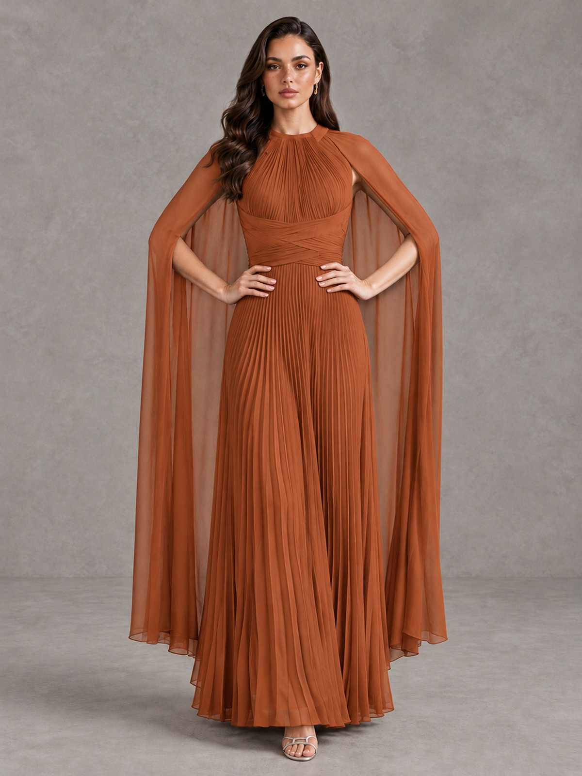 BOLODOO Burnt Orange Pleated Cape Maxi Wedding Guest Dress - Burnt Orange - Burnt Orange (4)