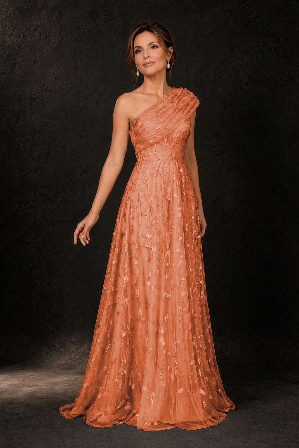 BOLODOO Burnt Orange Leaf Sequin One-Shoulder A-Line Maxi Gown – Mother of the Bride & Formal Evening Dress - Burnt Orange
