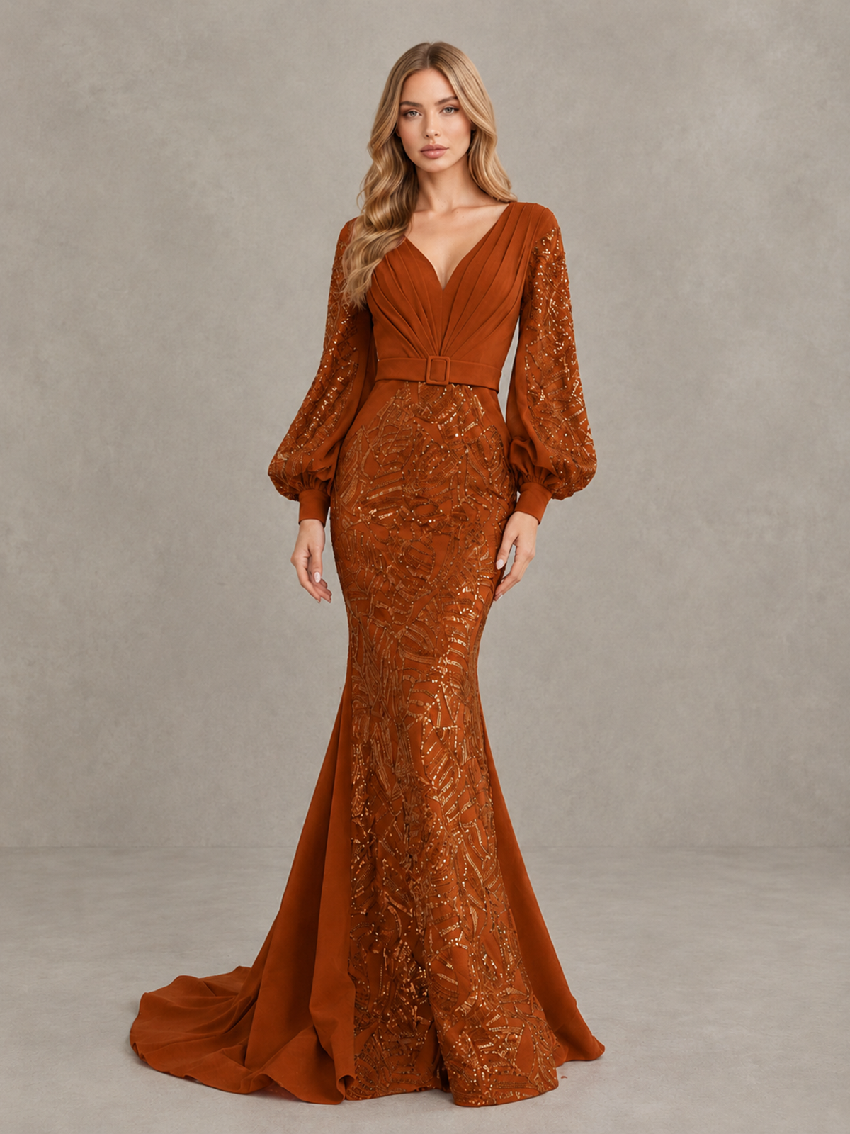 BOLODOO Burnt Orange Sequin Long Bishop Sleeve Mermaid Evening Dress - Burnt Orange - Burnt Orange (4)