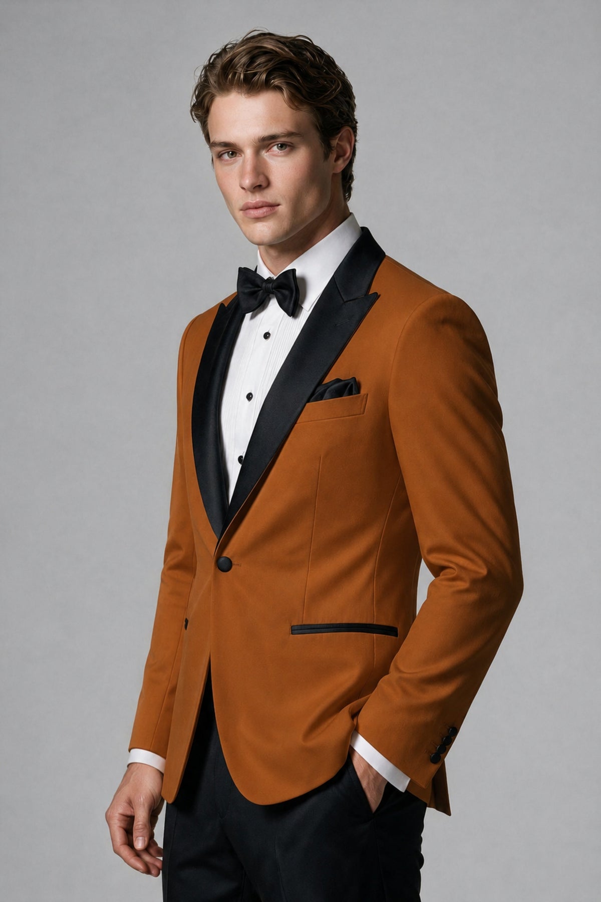 BOLODOO Men's Burnt Orange Single-Button Tuxedo Blazer & Black Trousers 2-Piece Suit Set - Burnt Orange - Burnt Orange (4)
