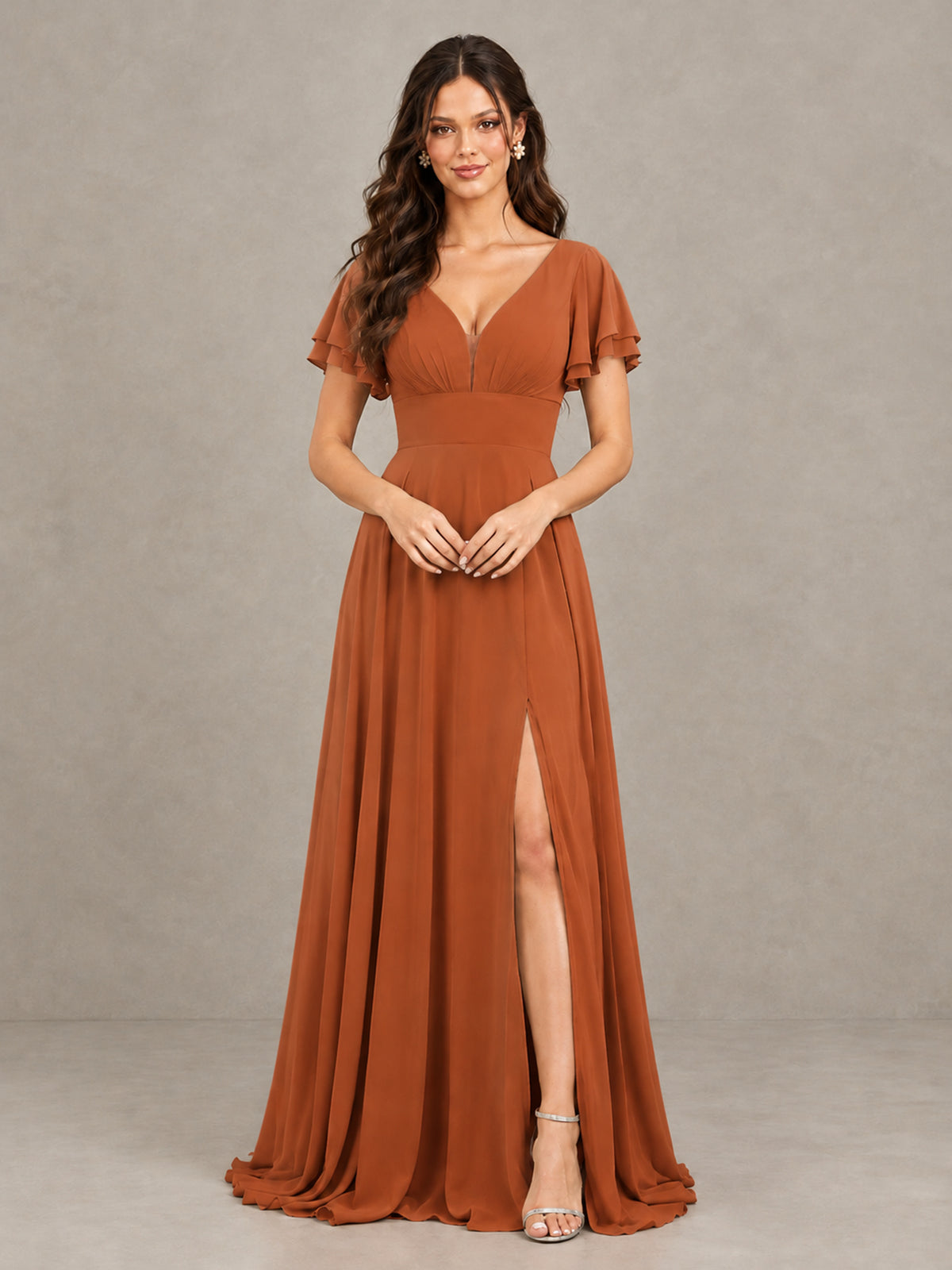 BOLODOO Burnt Orange Flutter Sleeve Chiffon A-Line Maxi Bridesmaid Dress with Open Back & Slit - Burnt Orange - Burnt Orange (4)
