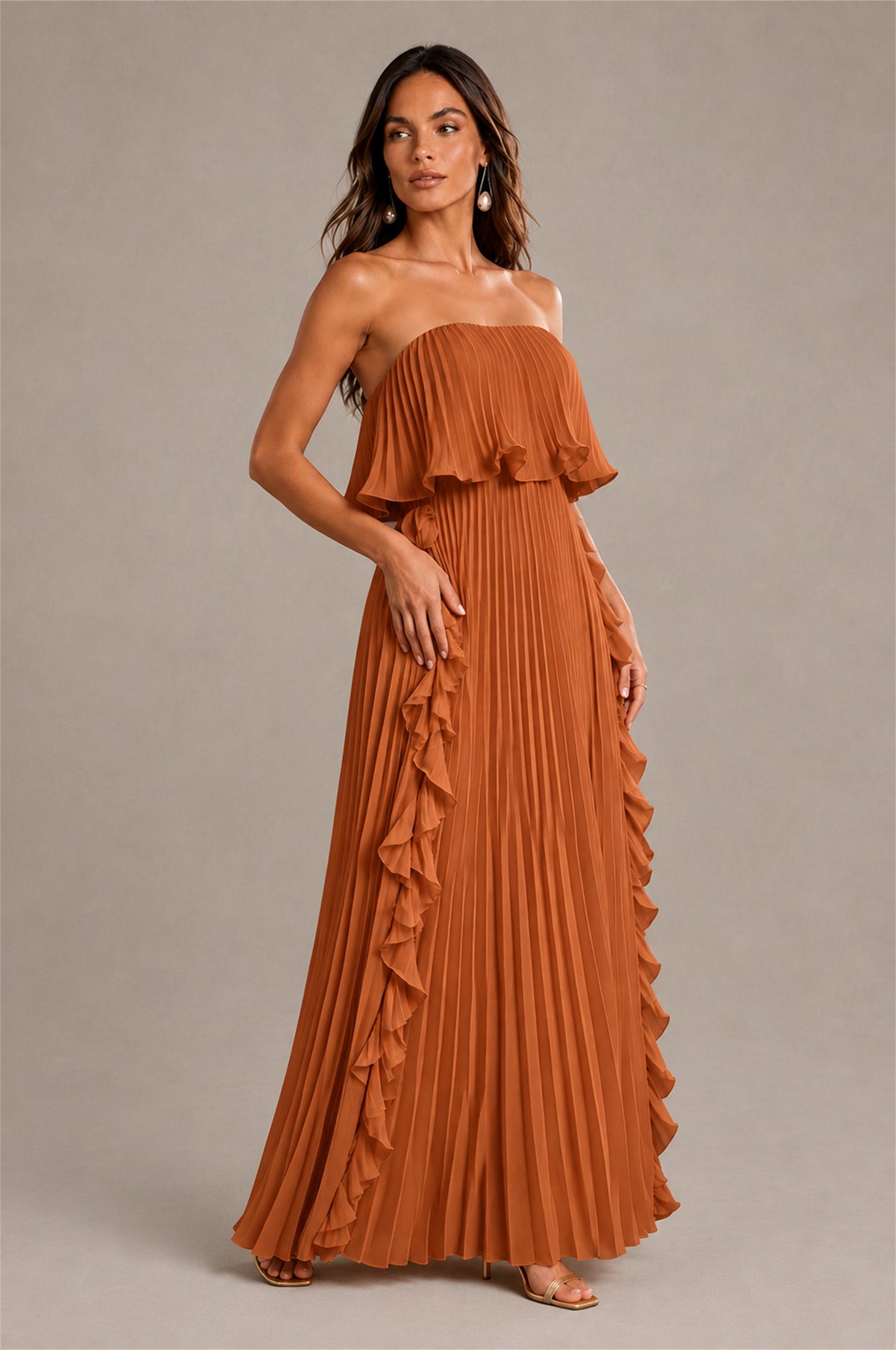 BOLODOO Burnt Orange Strapless Ruffle Bodice Dual Cascading Ruffle Accordion Pleated Chiffon Maxi Dress - Burnt Orange