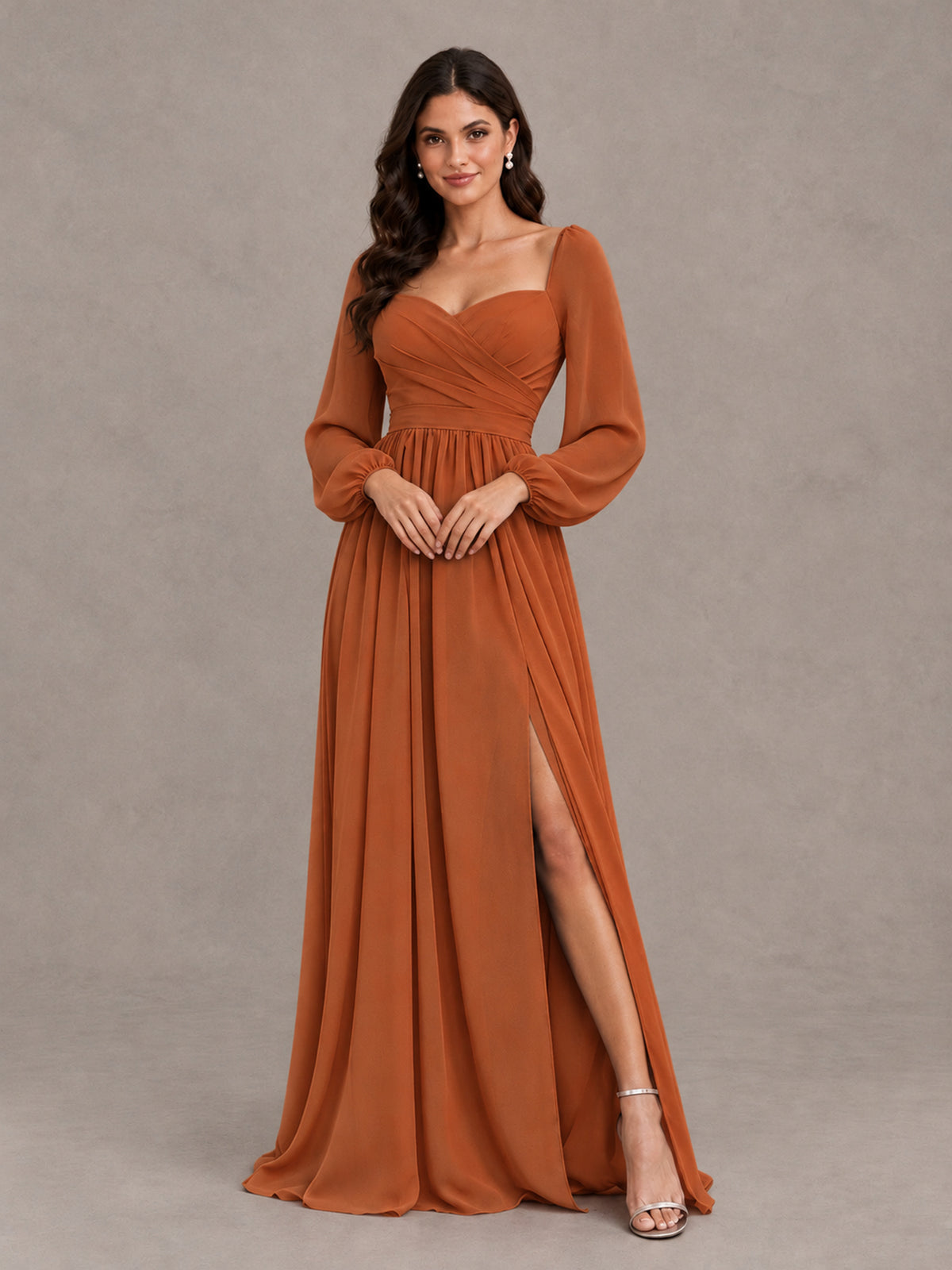 BOLODOO Burnt Orange Long Sleeve Chiffon Bridesmaid Dress with Slit - Burnt Orange - Burnt Orange (4)