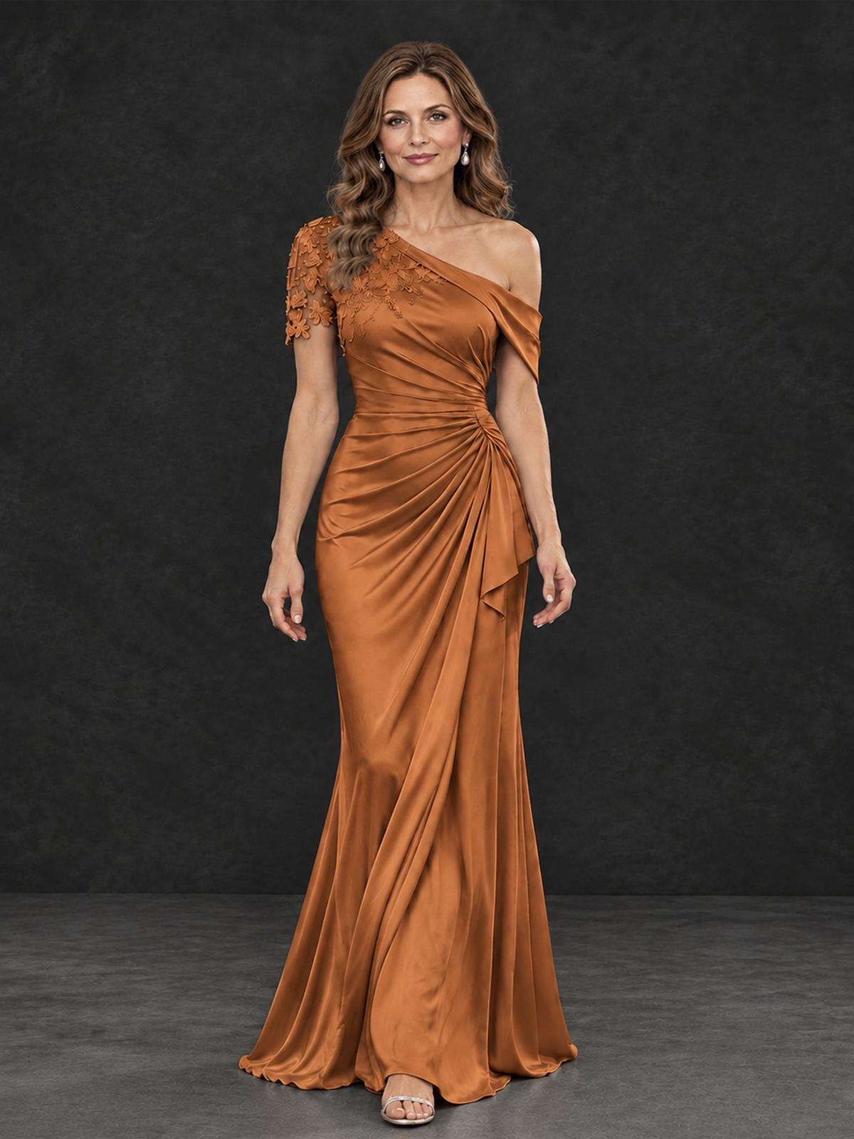 BOLODOO Burnt Orange Asymmetric Satin Mother of the Bride Dress with Lace Sleeve - Burnt Orange - Burnt Orange (4)