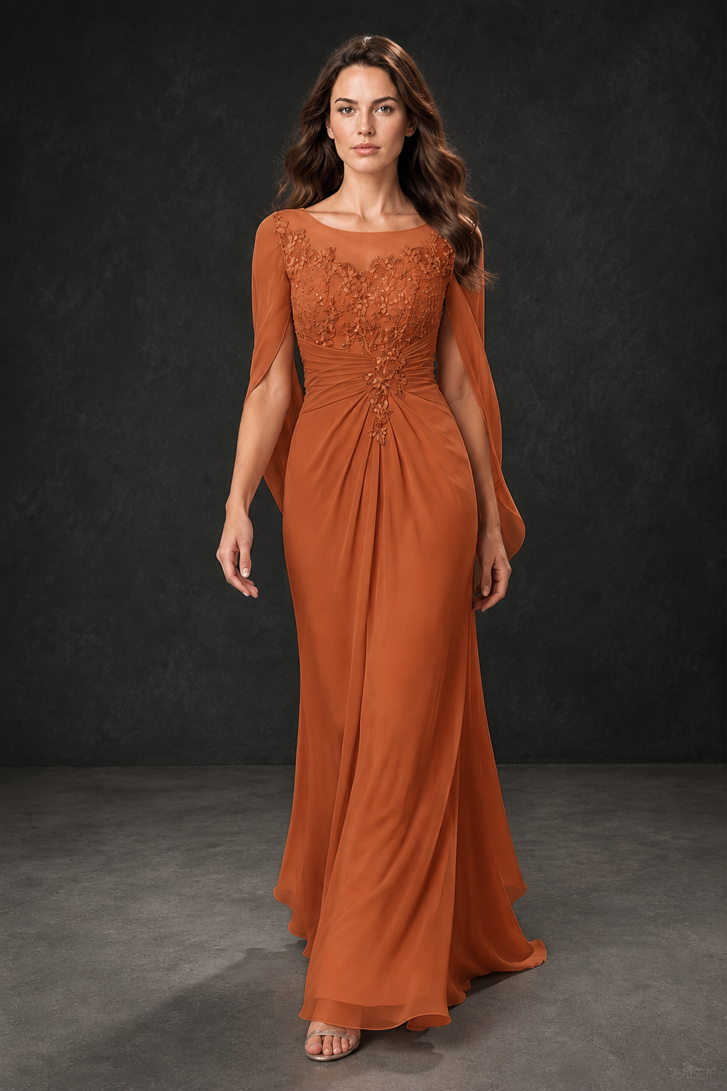 BOLODOO Burnt Orange Illusion Lace One-Side Cape Sleeve Beaded Chiffon Floor Length Gown | Mother of the Bride Evening Dress - Burnt Orange