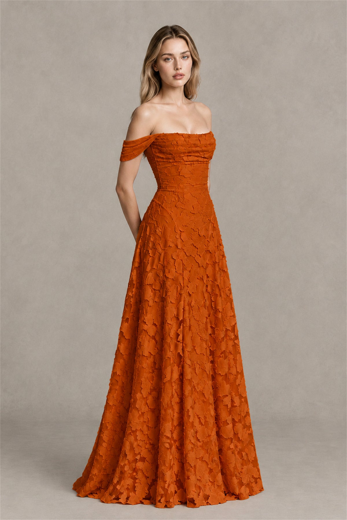 BOLODOO Burnt Orange Off-Shoulder Pleated A-Line Maxi Dress Floral - Burnt Orange